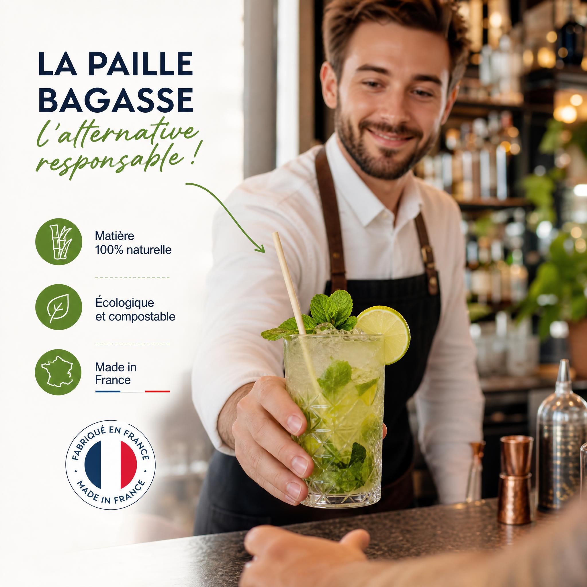 Barman servant un cocktail avec une paille bagasse made in France dans un établissement CHR