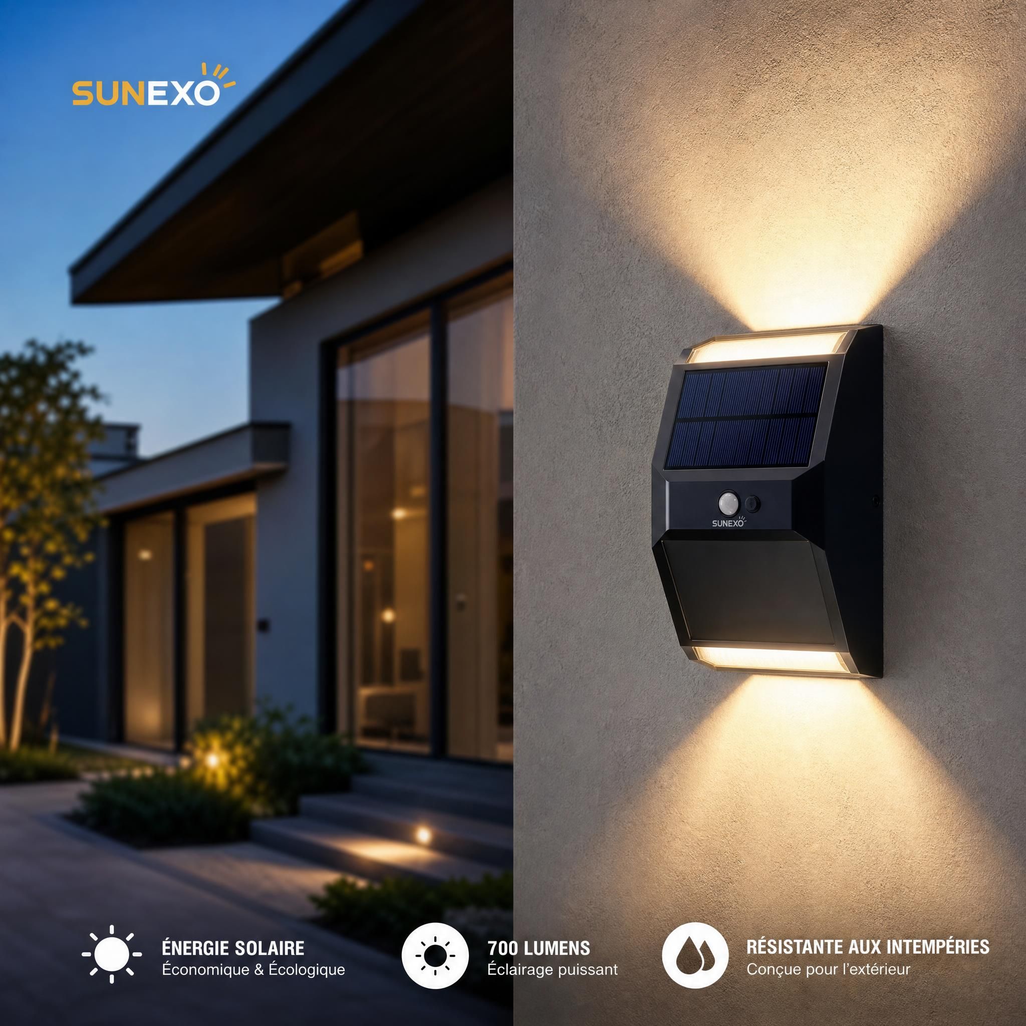 Applique murale solaire SWL-38 Sunexo installée sur façade extérieure de maison, éclairage LED bidirectionnel 700 lumens