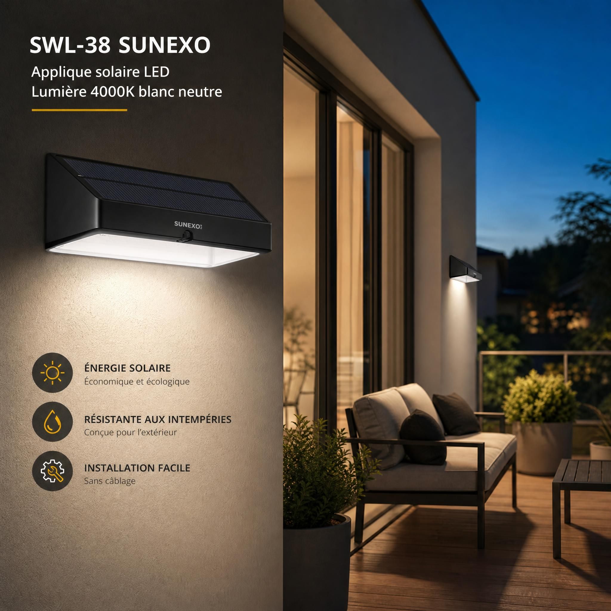 Applique solaire SWL-38 Sunexo éclairant une terrasse extérieure en soirée, lumière LED 4000K blanc neutre