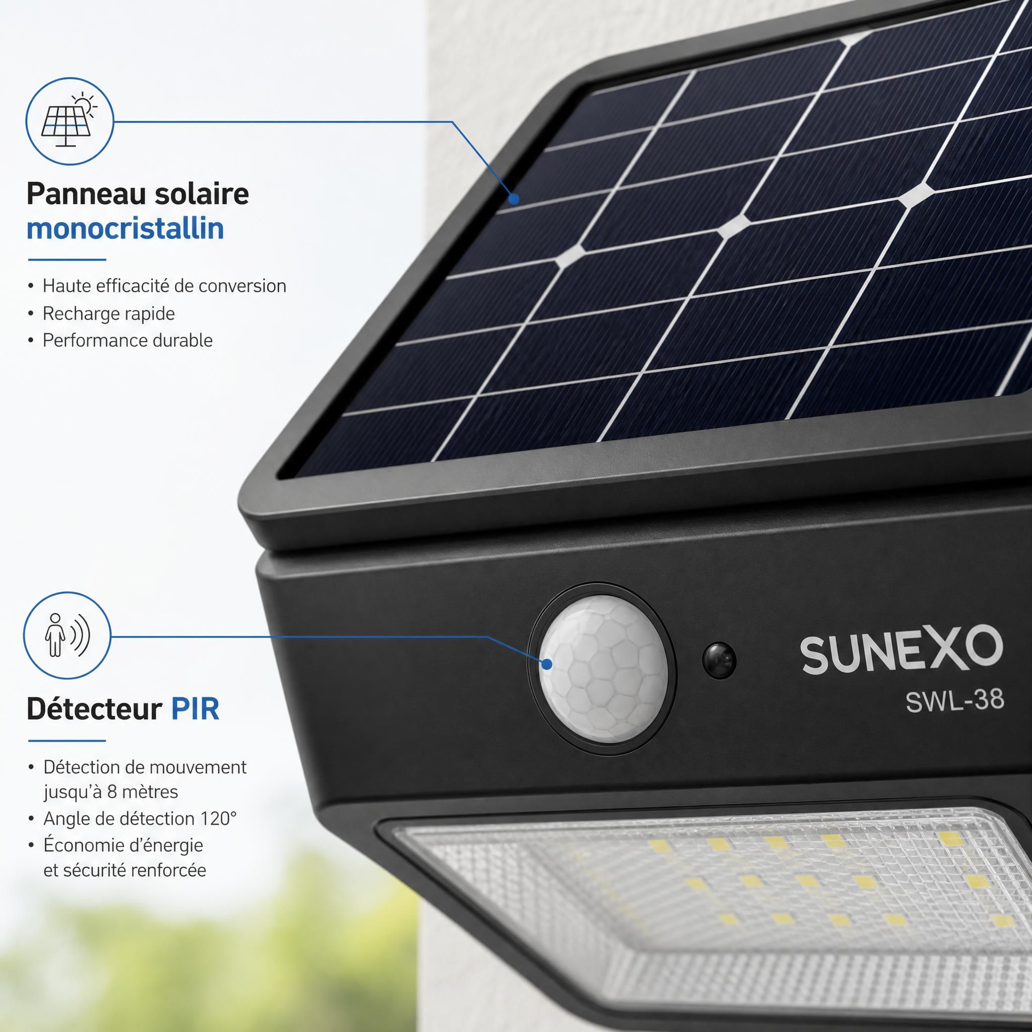 Détail du panneau solaire monocristallin et du détecteur PIR de l'applique SWL-38 Sunexo, vue rapprochée technique