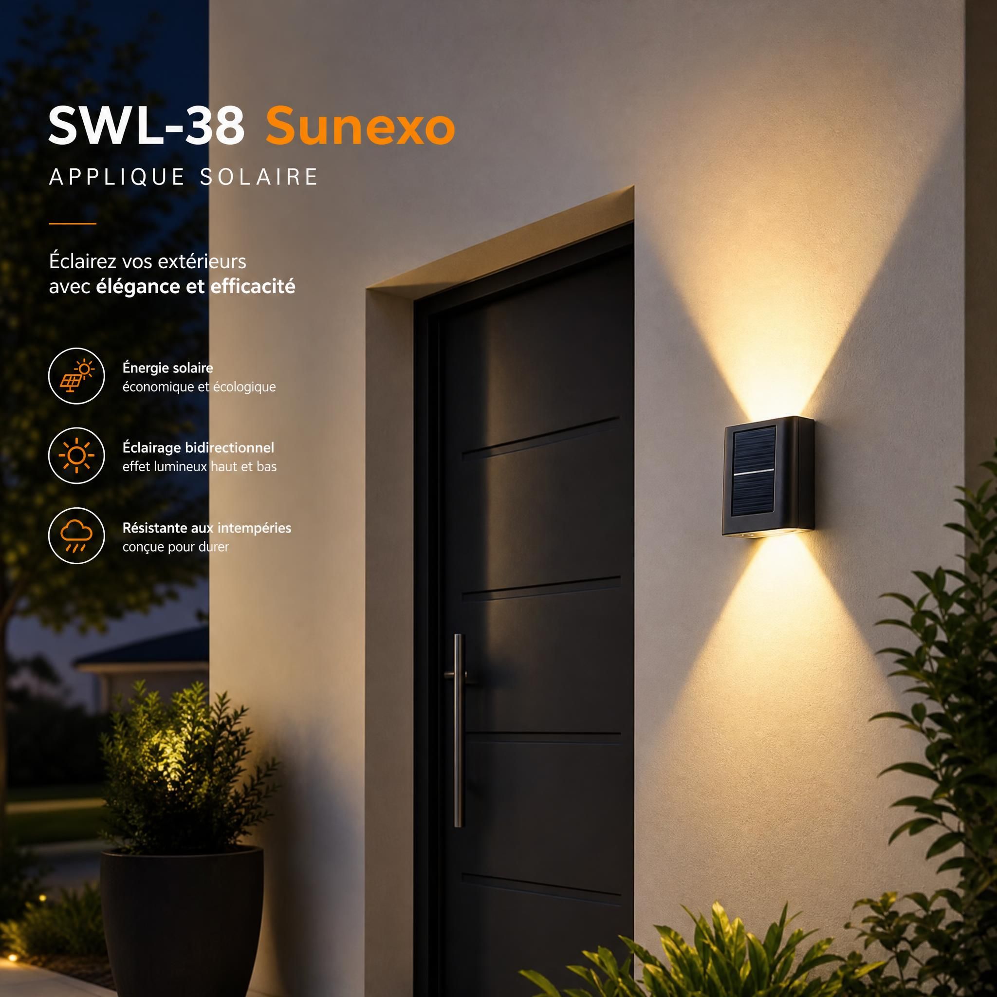 Applique solaire SWL-38 Sunexo éclairant une entrée de maison la nuit, effet lumineux bidirectionnel sur façade