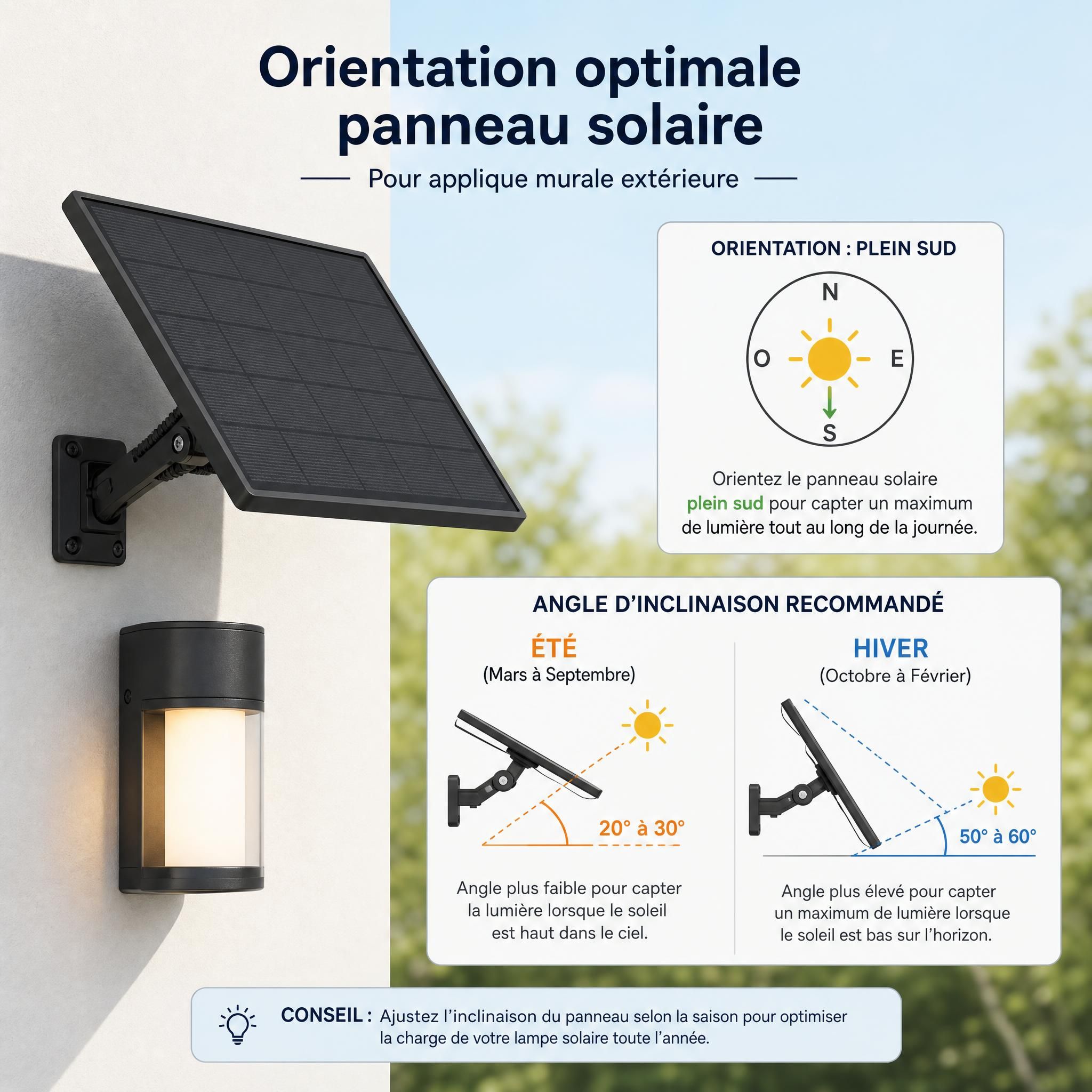 Schéma d'orientation panneau solaire vers le sud avec angles d'inclinaison été/hiver pour applique murale extérieure