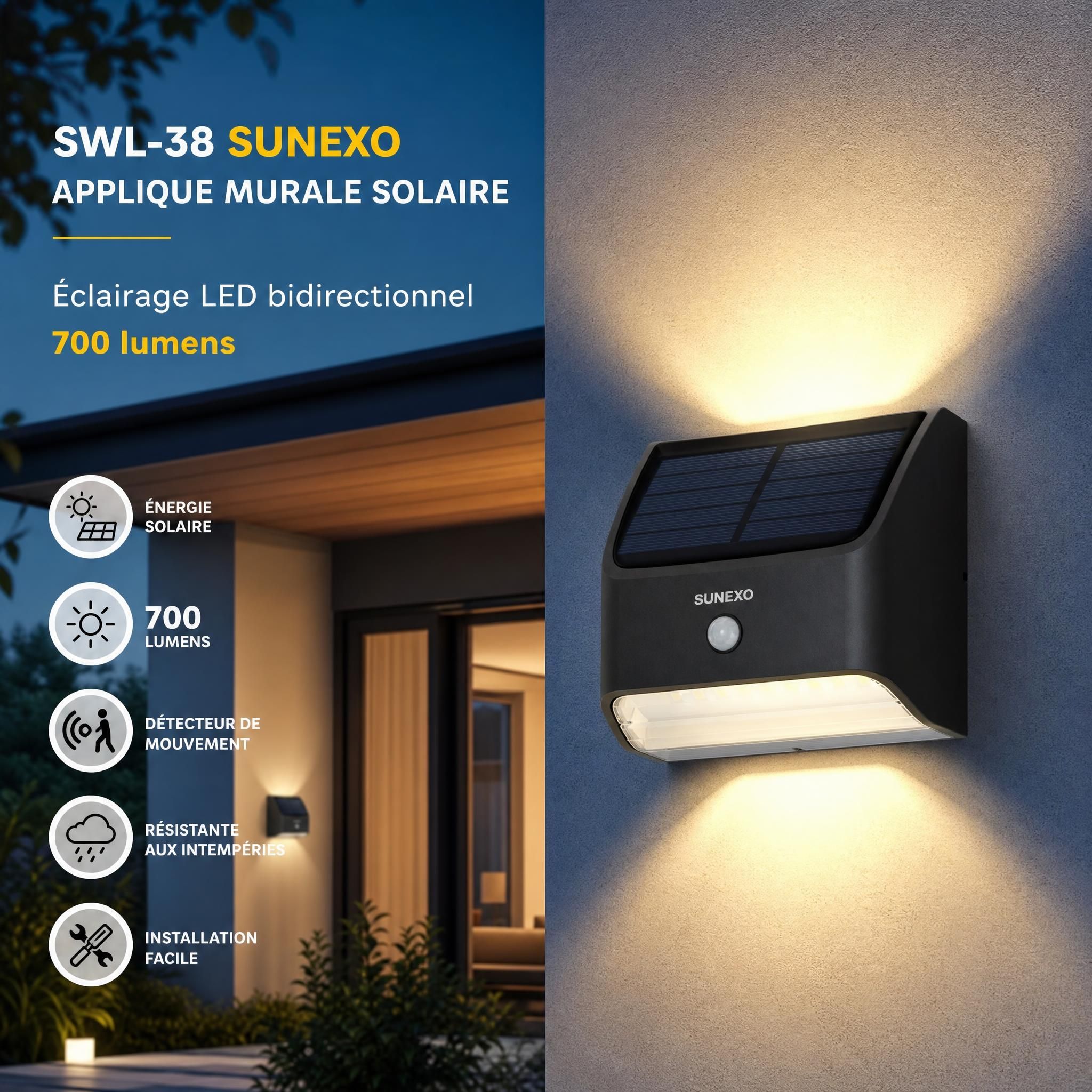 Applique murale solaire SWL-38 Sunexo installée sur façade extérieure de maison, éclairage LED bidirectionnel 700 lumens