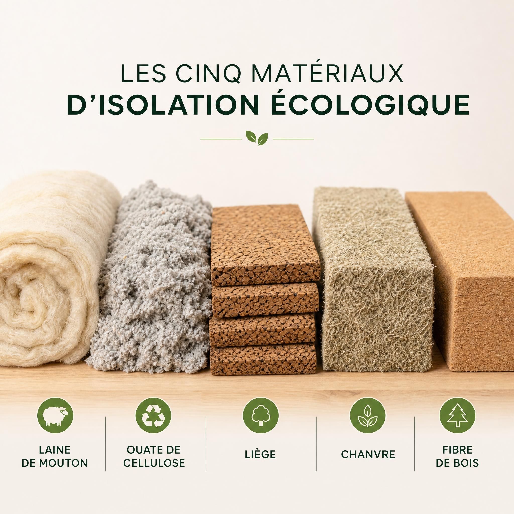 Les cinq matériaux d'isolation écologique côte à côte : laine de mouton, ouate de cellulose, liège, chanvre et fibre de bois
