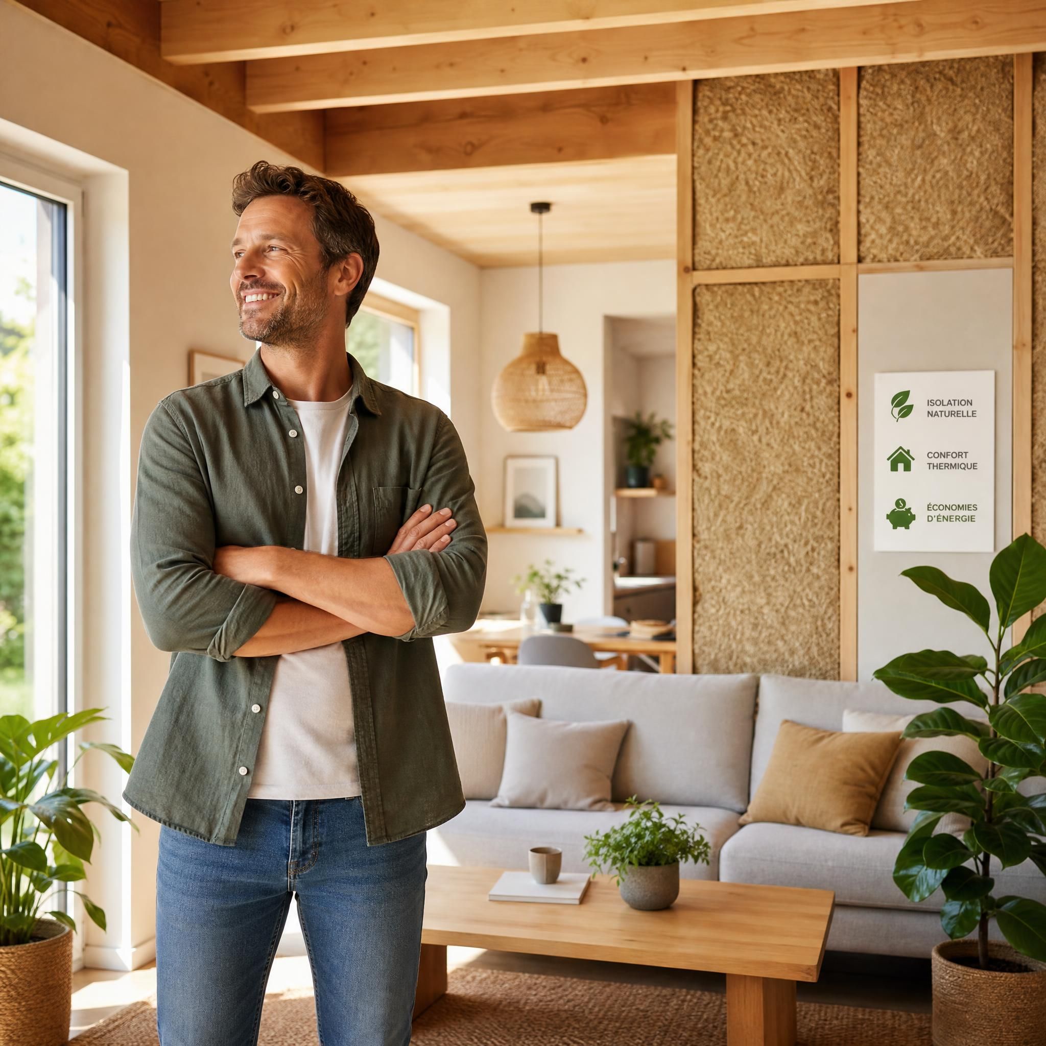 Propriétaire satisfait dans son logement rénové avec isolation naturelle, intérieur chaleureux et moderne