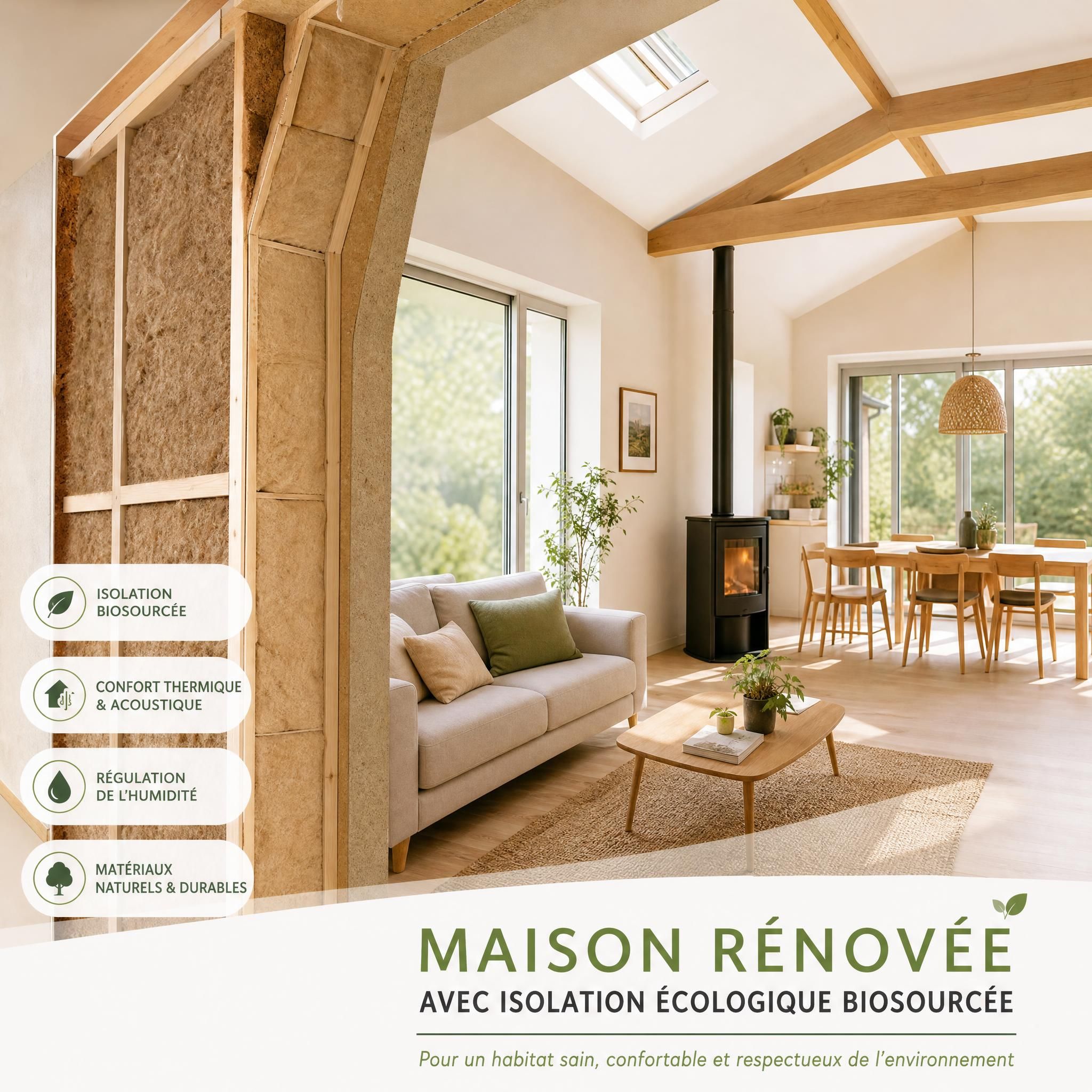 Maison rénovée avec isolation écologique biosourcée, vue intérieure lumineuse et confortable