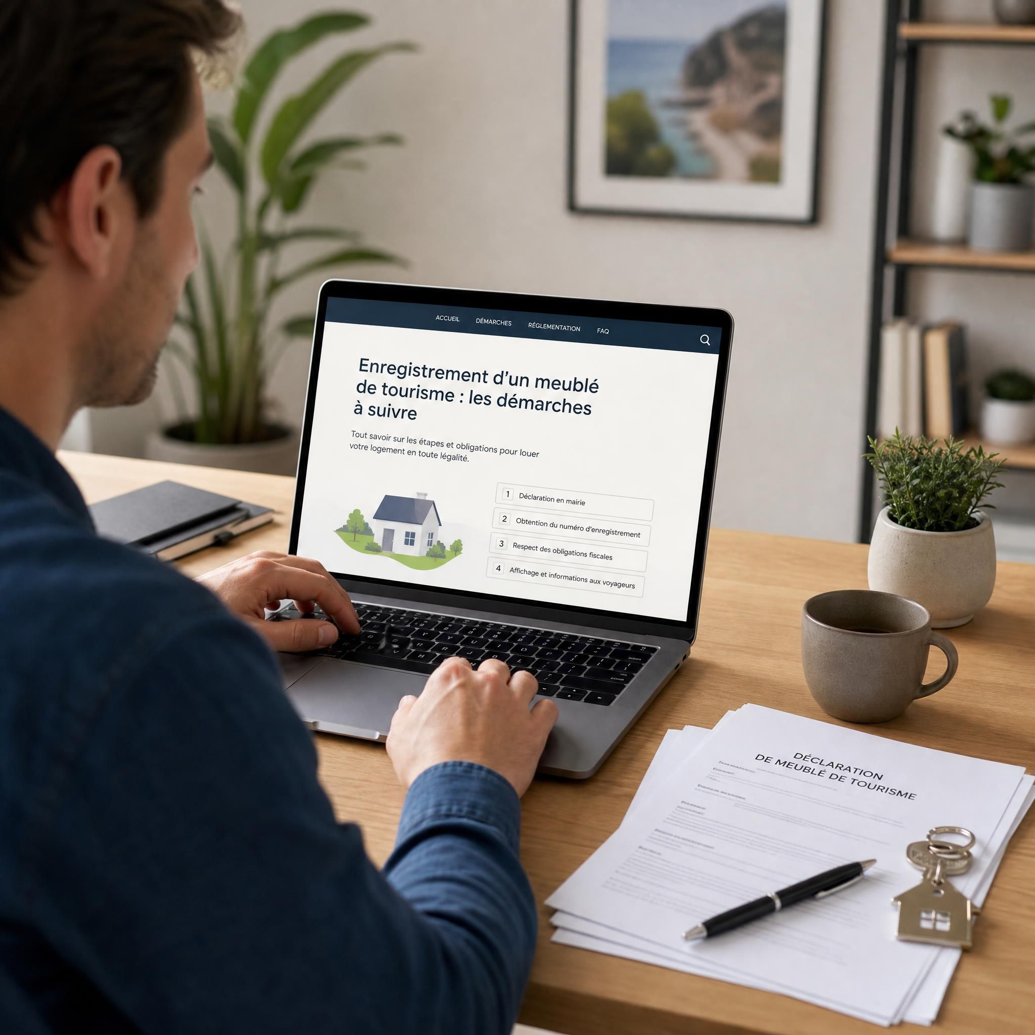 Propriétaire de meublé de tourisme consultant les démarches d'enregistrement sur ordinateur portable, avec une clé de maison et des documents administratifs sur le bureau