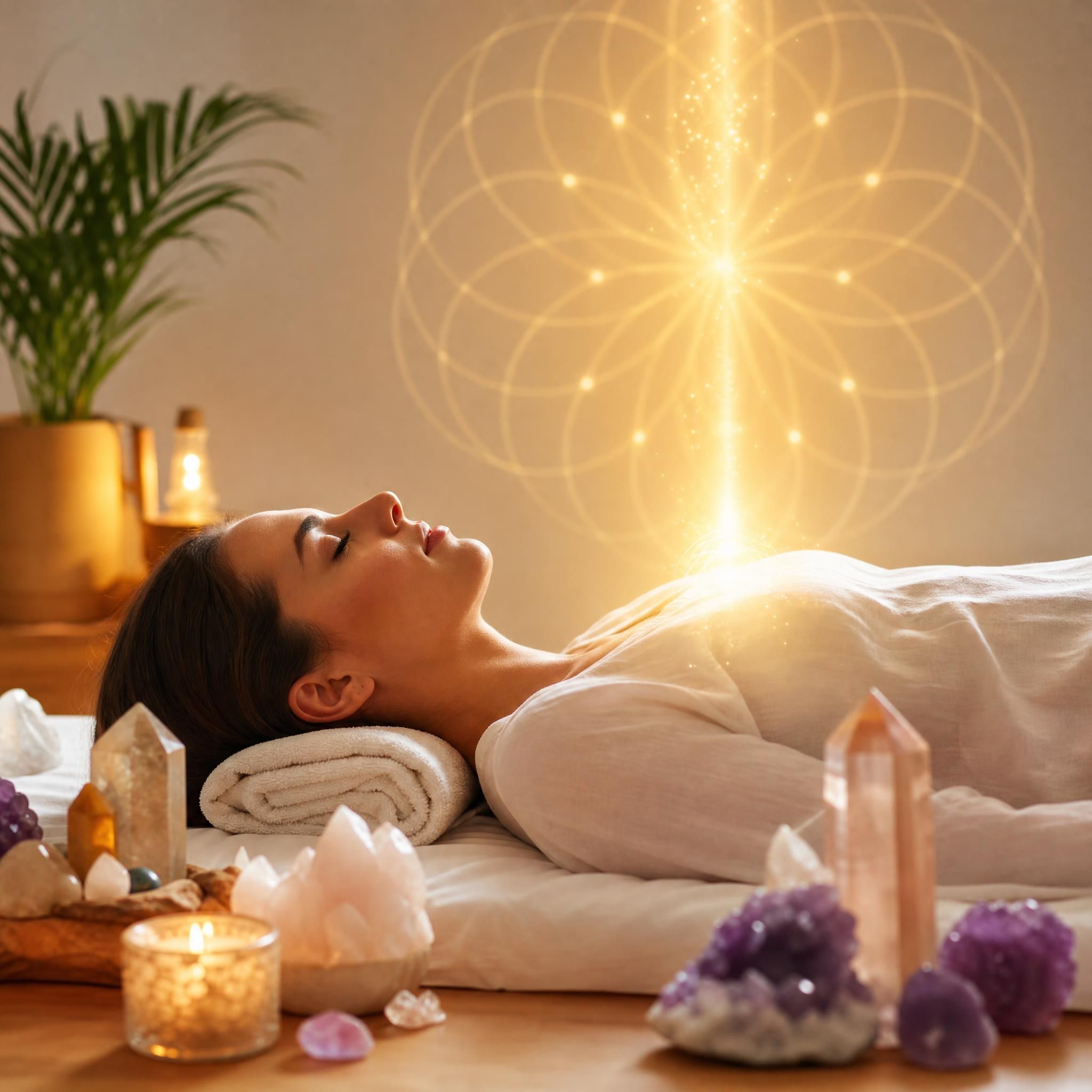 Personne allongée en position de relaxation profonde lors d'un soin énergétique, lumière dorée apaisante et cristaux autour d'elle