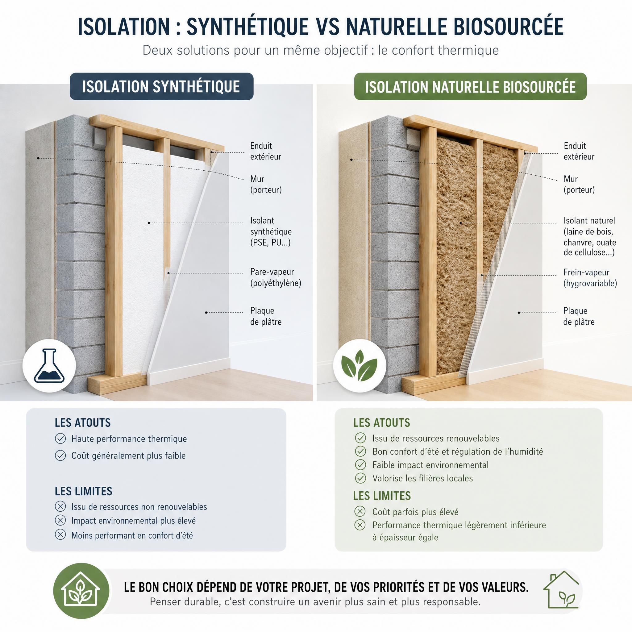 Comparaison visuelle entre isolation synthétique et isolation naturelle biosourcée en coupe de mur
