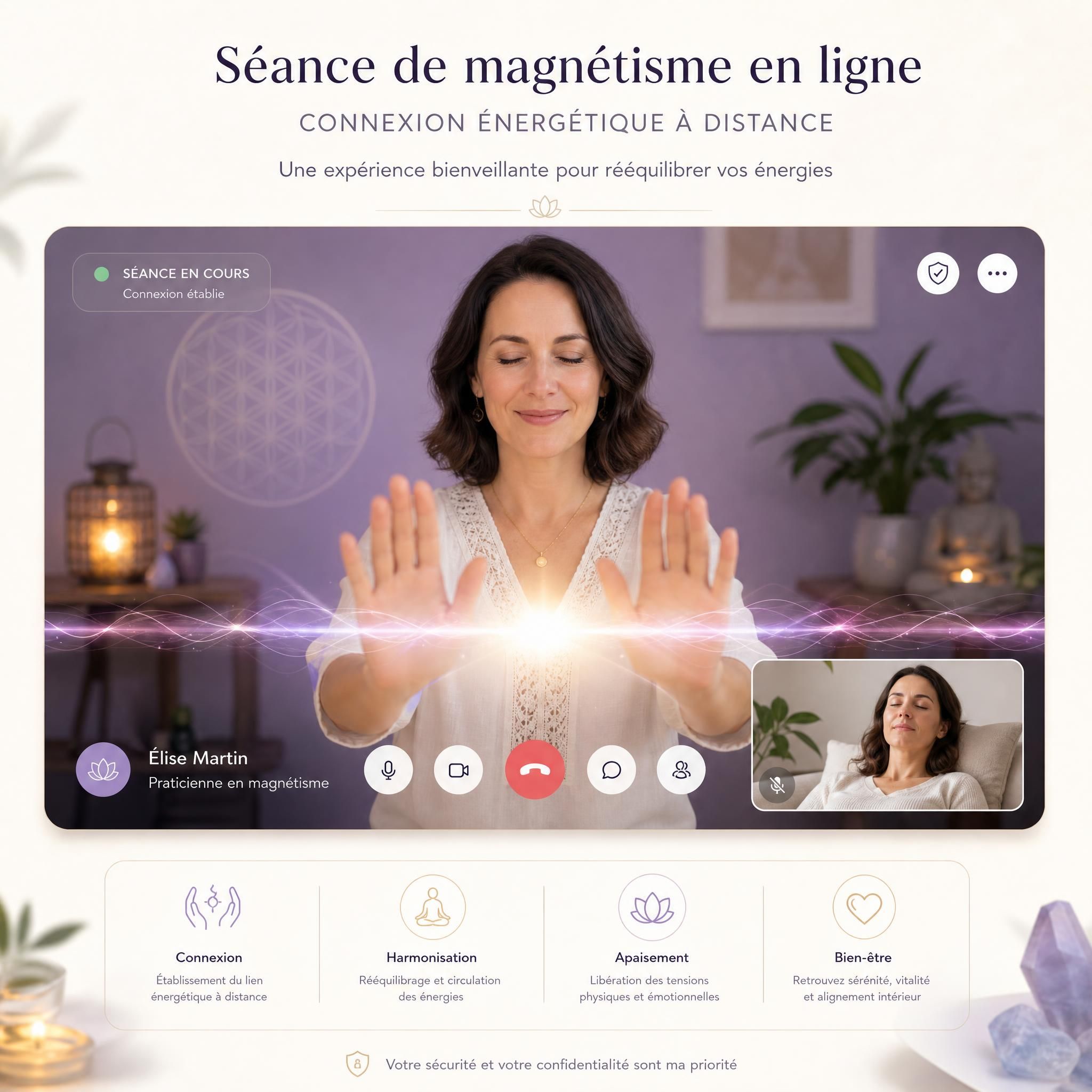 Interface d'une séance de magnétisme en ligne avec praticienne bienveillante, ambiance spirituelle et connexion énergétique à distance