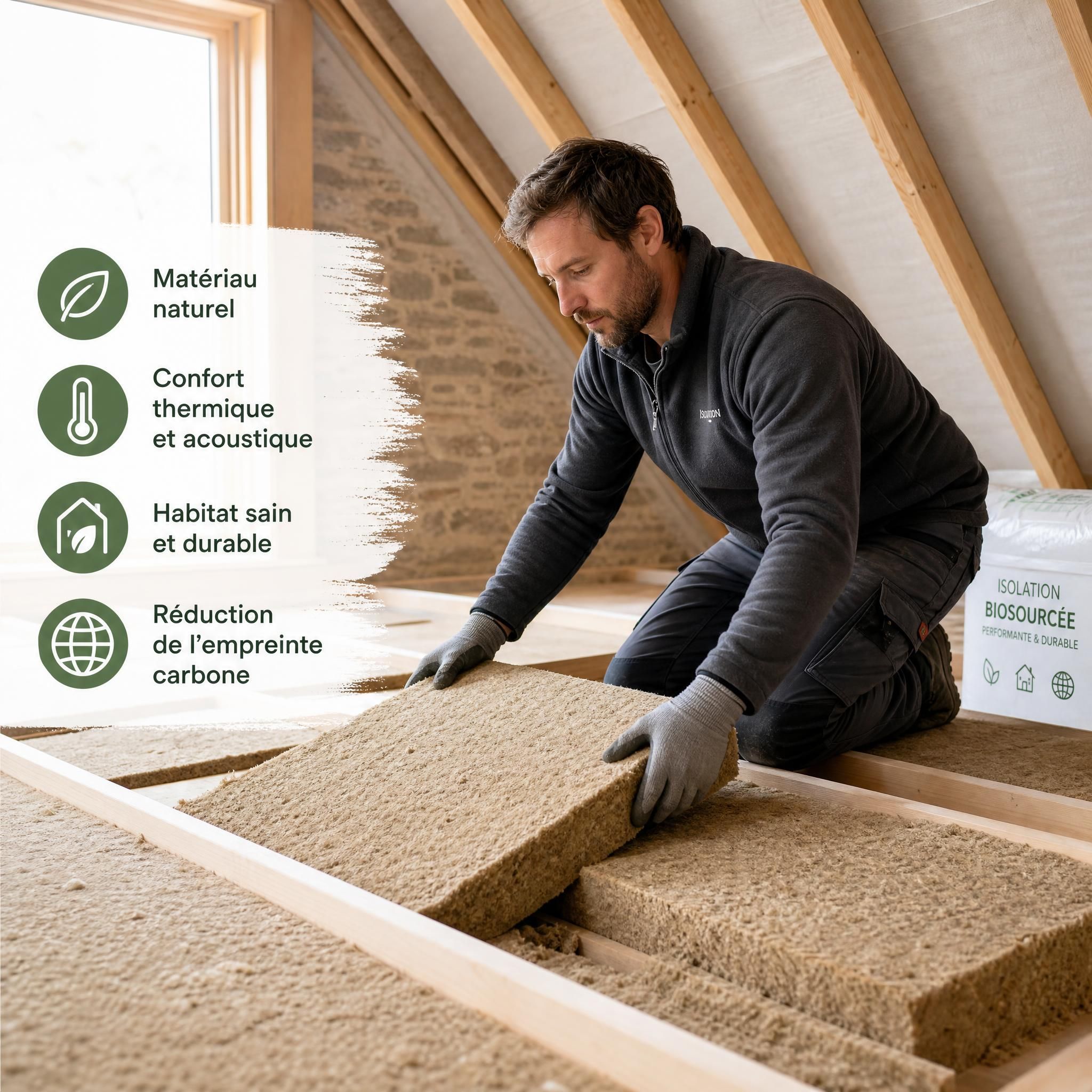 Artisan posant de l'isolation biosourcée dans les combles d'une maison en rénovation