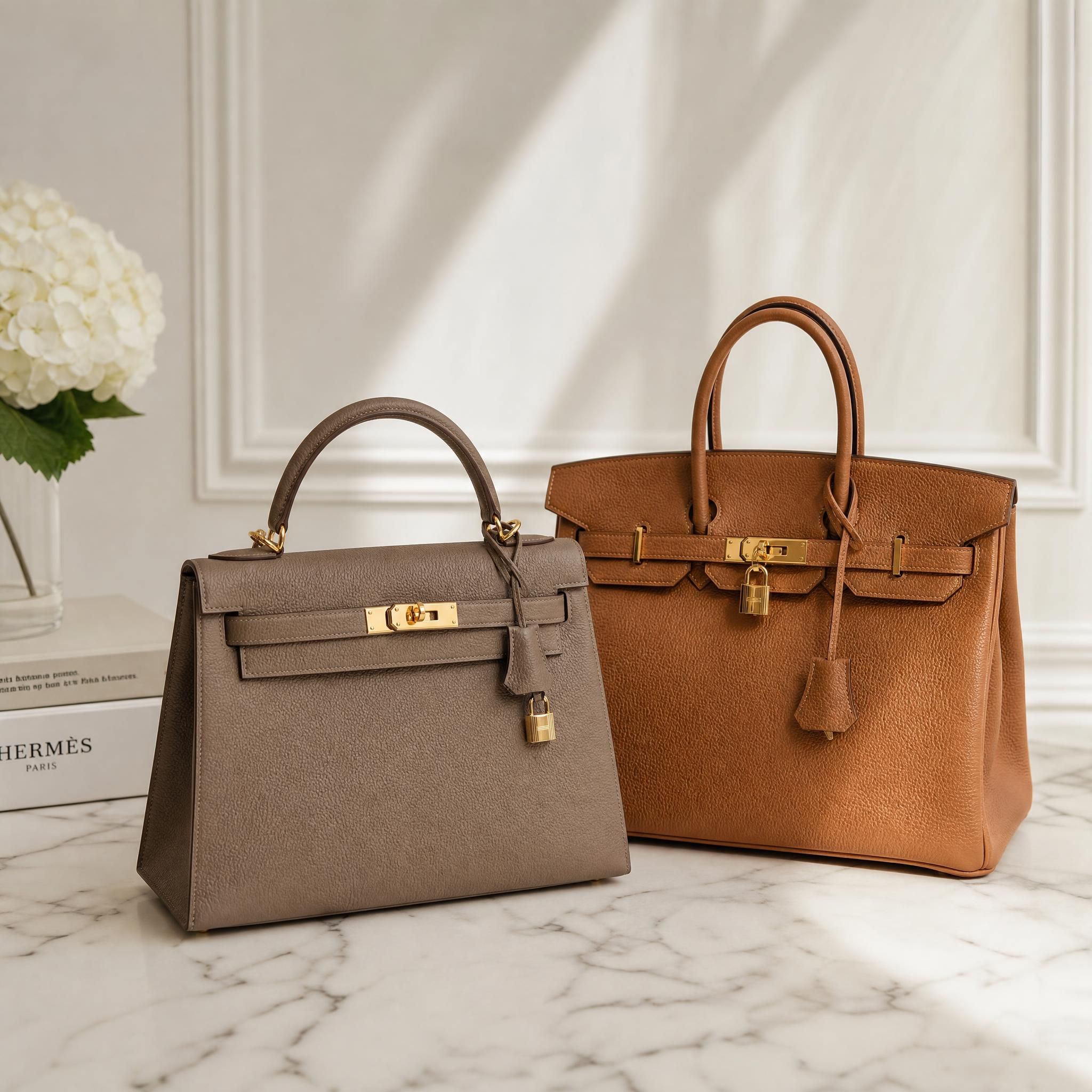 Sac Hermès Birkin et Kelly posés sur une surface en marbre blanc, lumière naturelle douce, esthétique luxe épuré