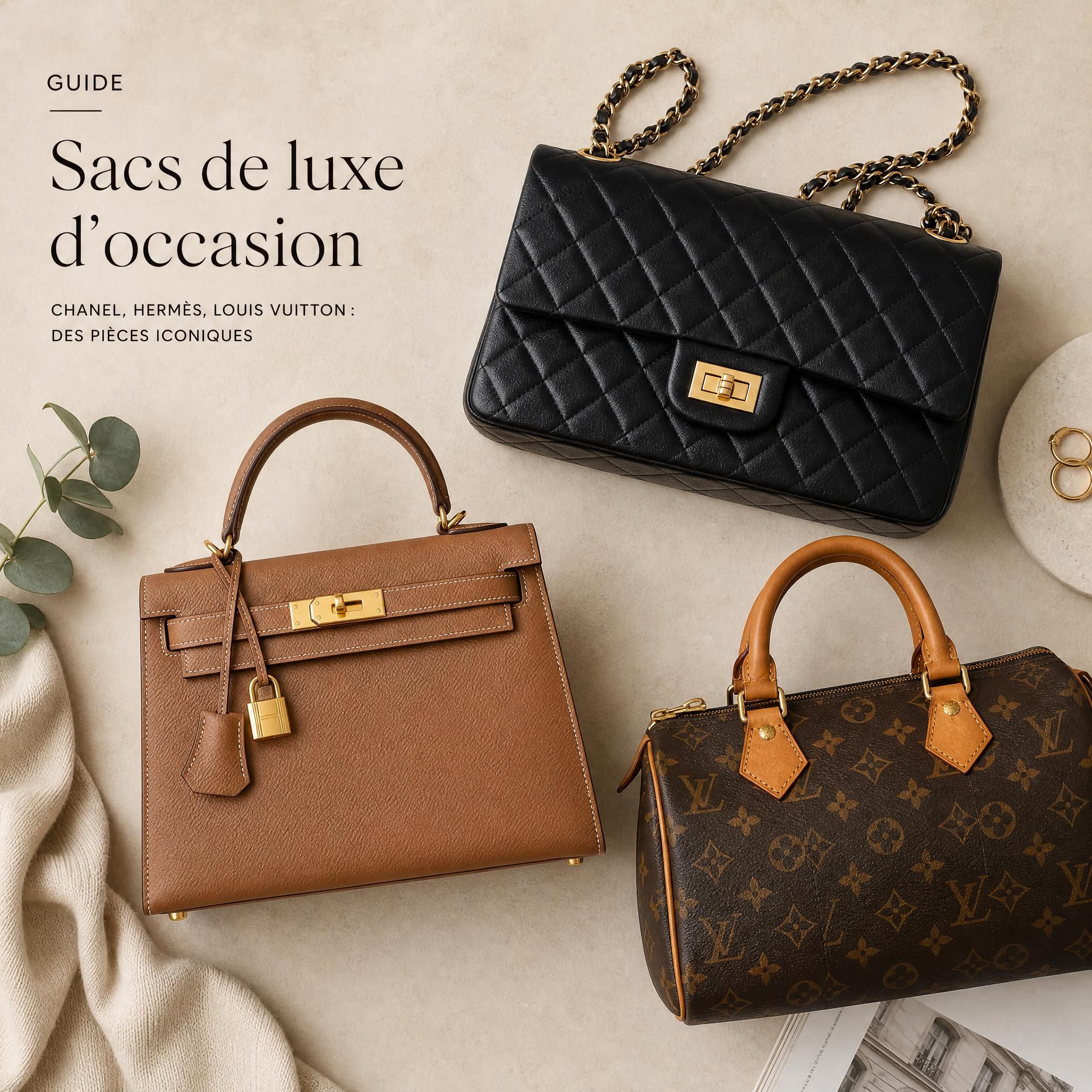 Flat lay élégant de plusieurs sacs de luxe d'occasion — Chanel 2.55, Kelly Hermès, Louis Vuitton Speedy — sur fond beige texturé