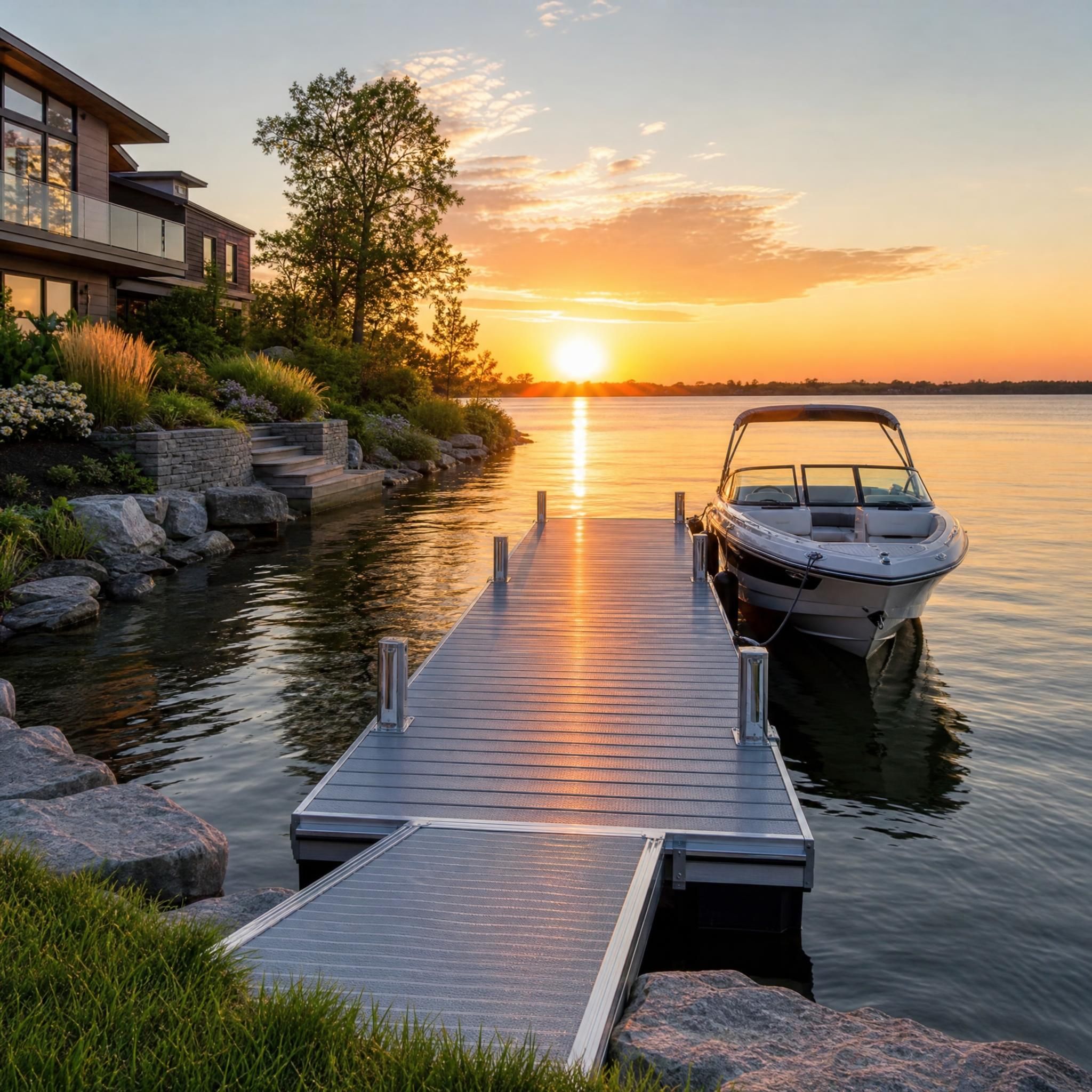Propriété riveraine avec un quai en aluminium moderne et un bateau amarré au coucher du soleil, région de Vaudreuil-Montréal