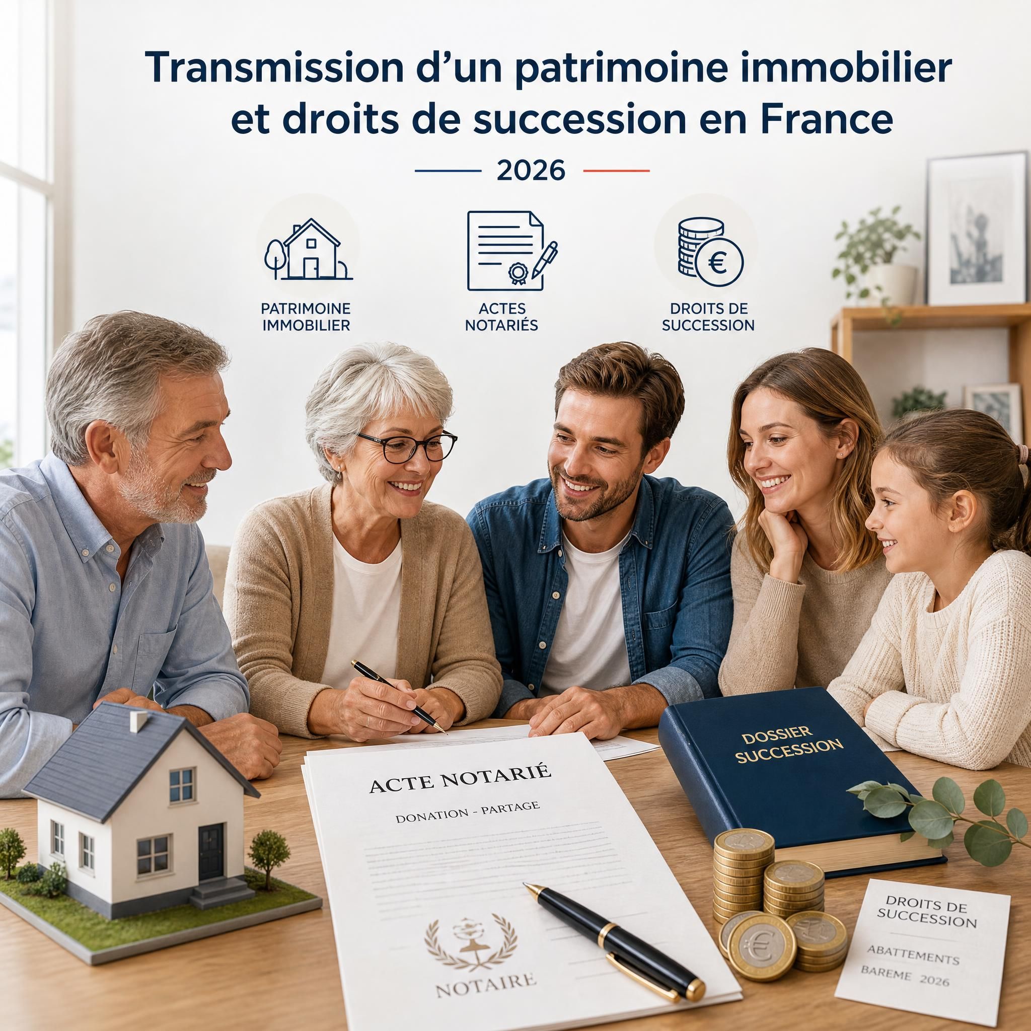 Illustration d'une famille transmettant un patrimoine immobilier avec des documents notariés et des pièces de monnaie symbolisant les droits de succession en France 2026