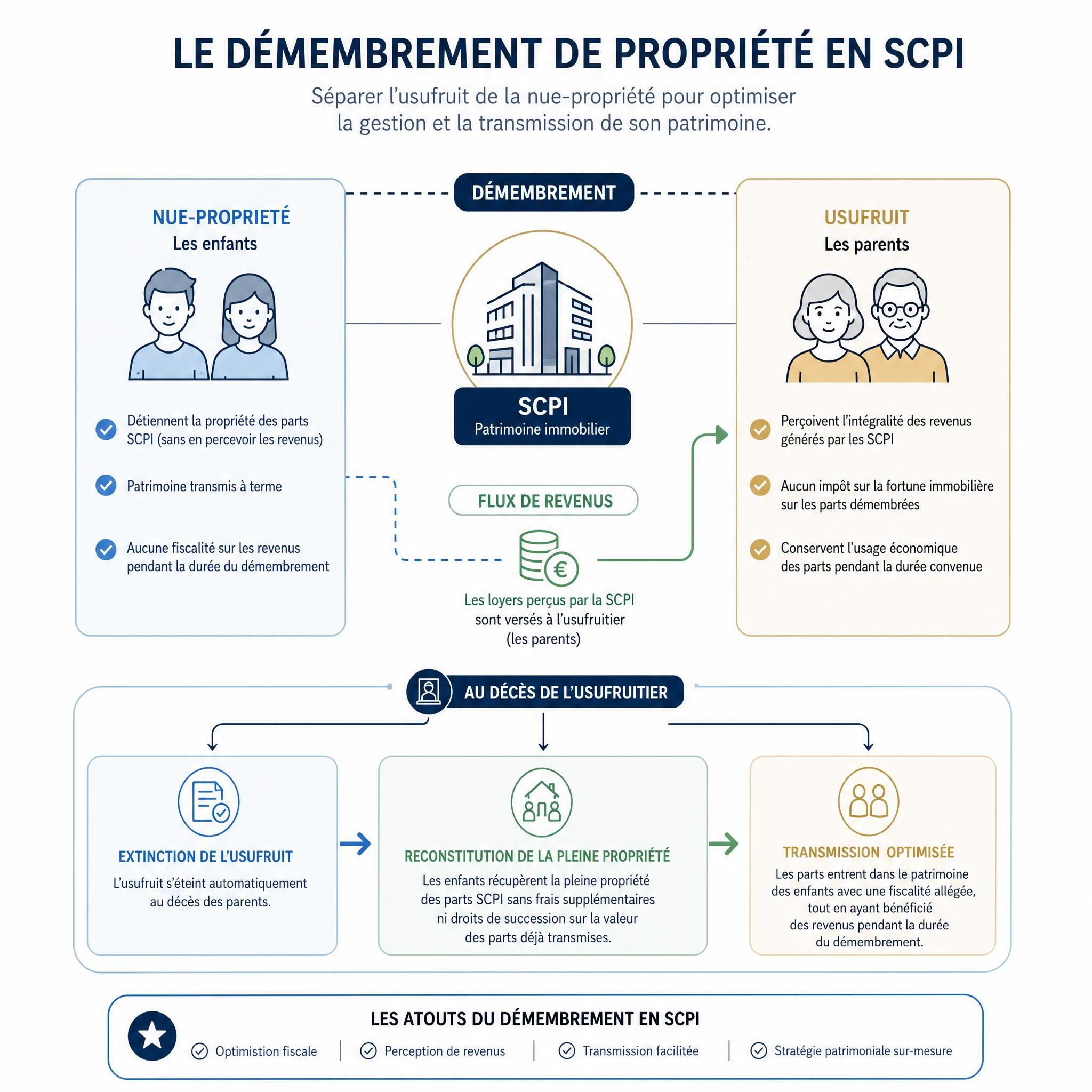 Schéma explicatif du démembrement de propriété SCPI montrant la séparation entre nue-propriété (enfants) et usufruit (parents) avec les flux de revenus et la transmission au décès