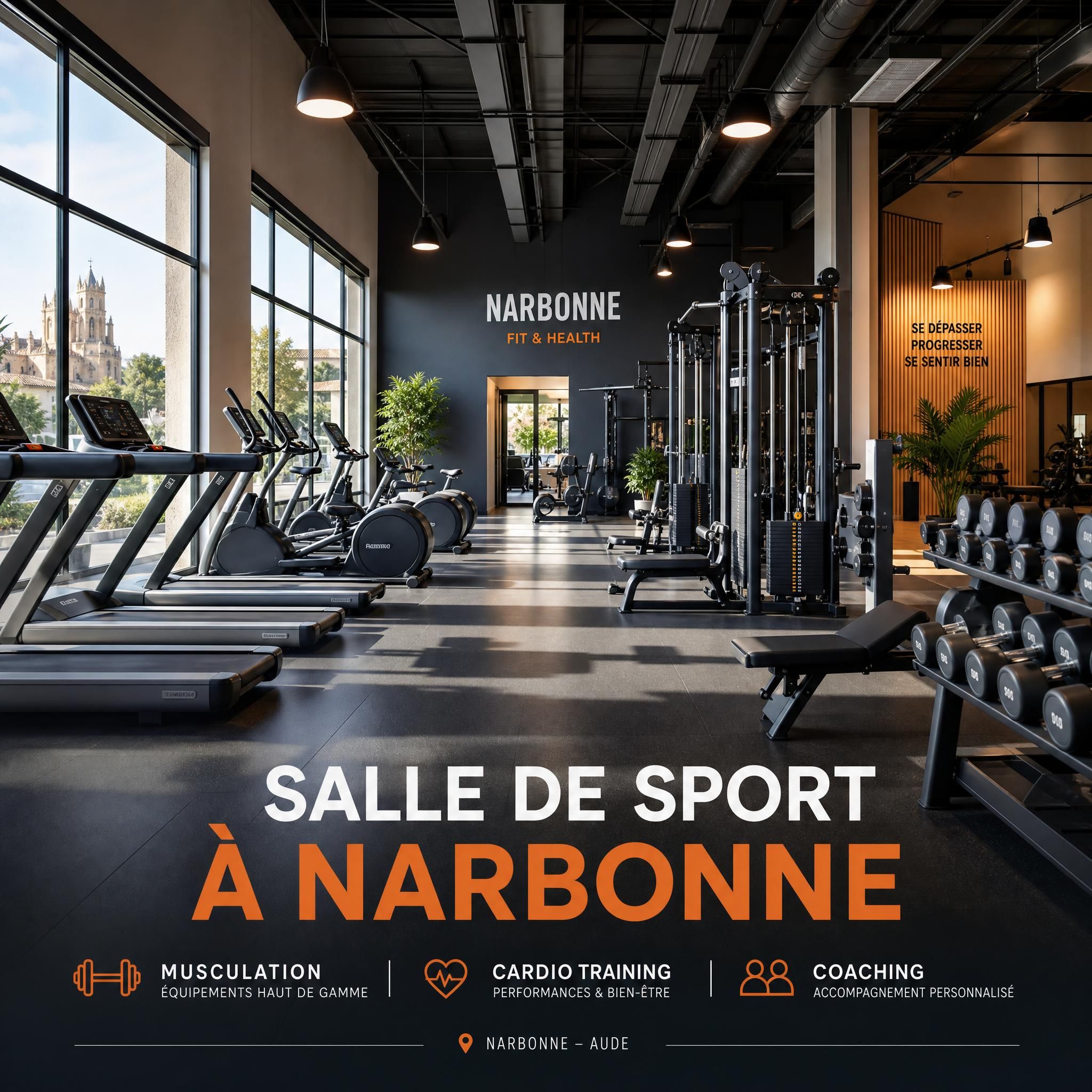 Salle de sport moderne à Narbonne avec équipements de musculation et de cardio, ambiance accueillante et lumineuse