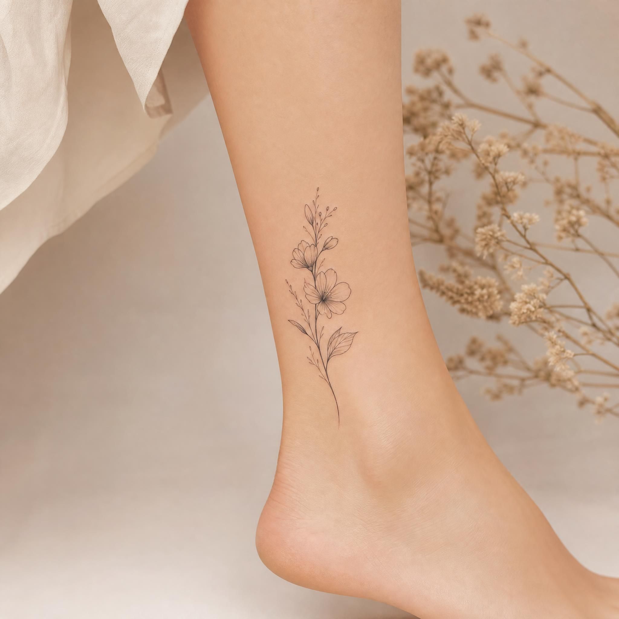 Illustration d'un tatouage fine line floral délicat sur une cheville, rendu illustratif doux et féminin sans texte