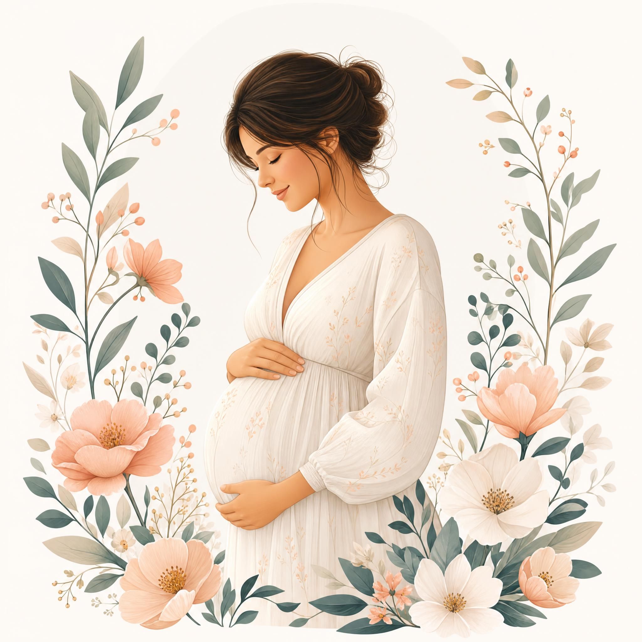 Illustration douce et bienveillante représentant une femme enceinte entourée de motifs floraux illustratifs, sans texte