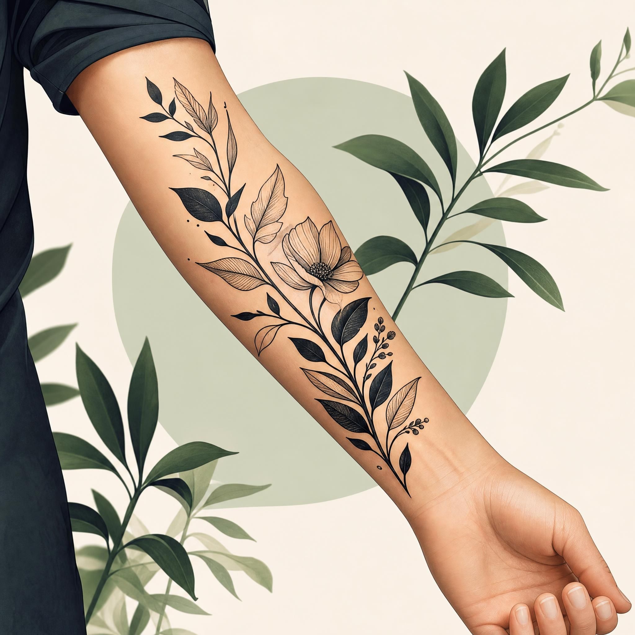 Illustration d'un avant-bras orné d'un tatouage blackwork botanique élégant, style illustratif coloré sans texte