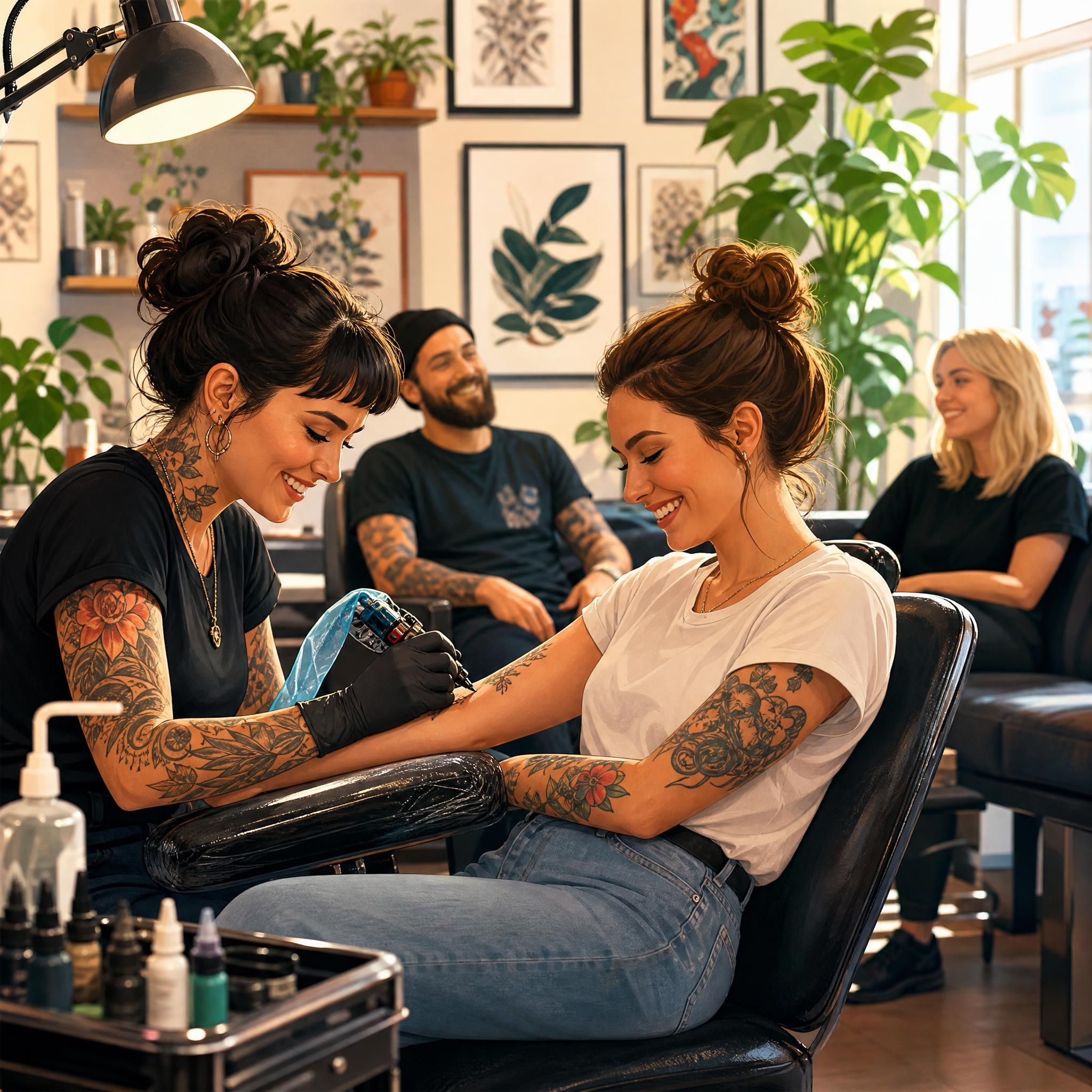 Illustration décontractée et colorée représentant des personnes souriantes dans un salon de tatouage, style illustratif sans texte
