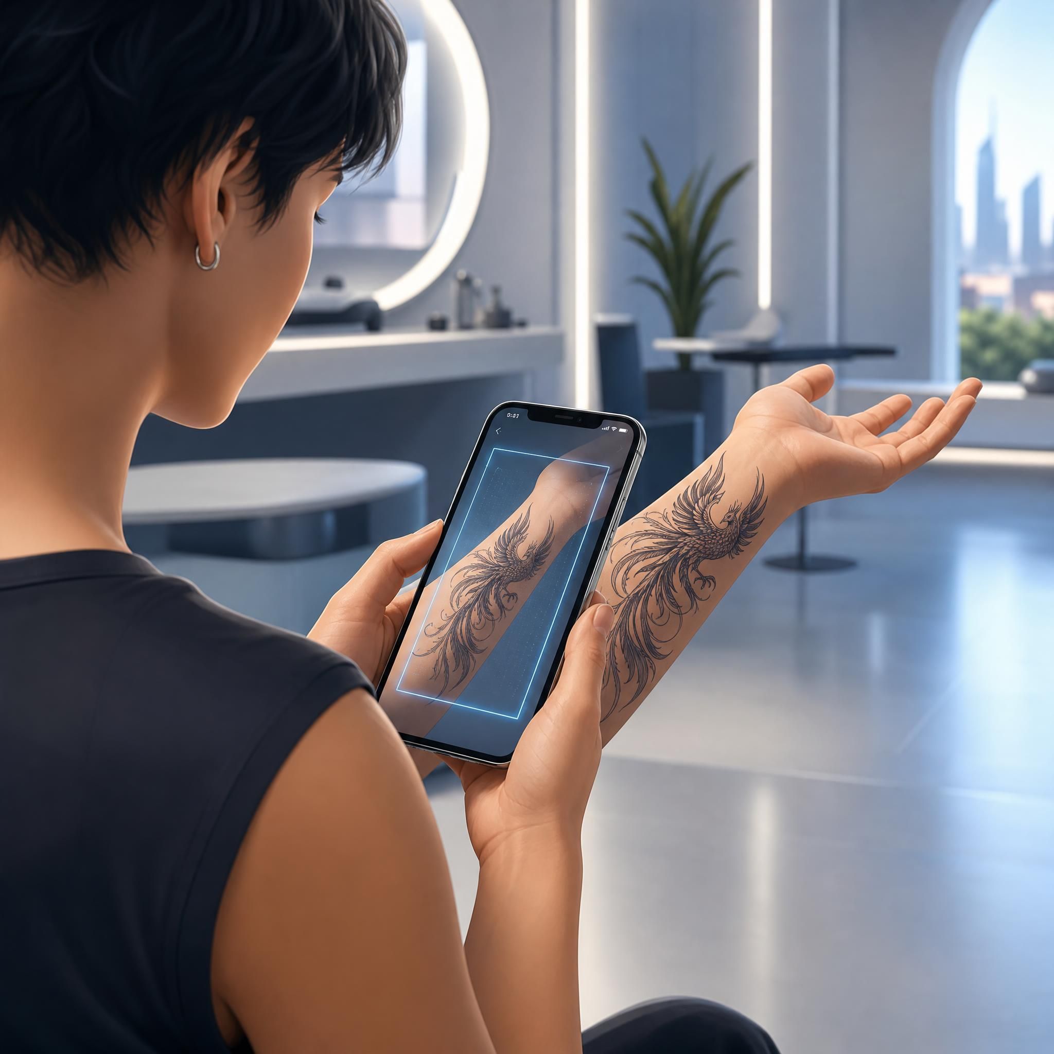 Illustration futuriste d'une personne visualisant un tatouage en réalité augmentée sur son bras via un smartphone, style illustratif sans texte