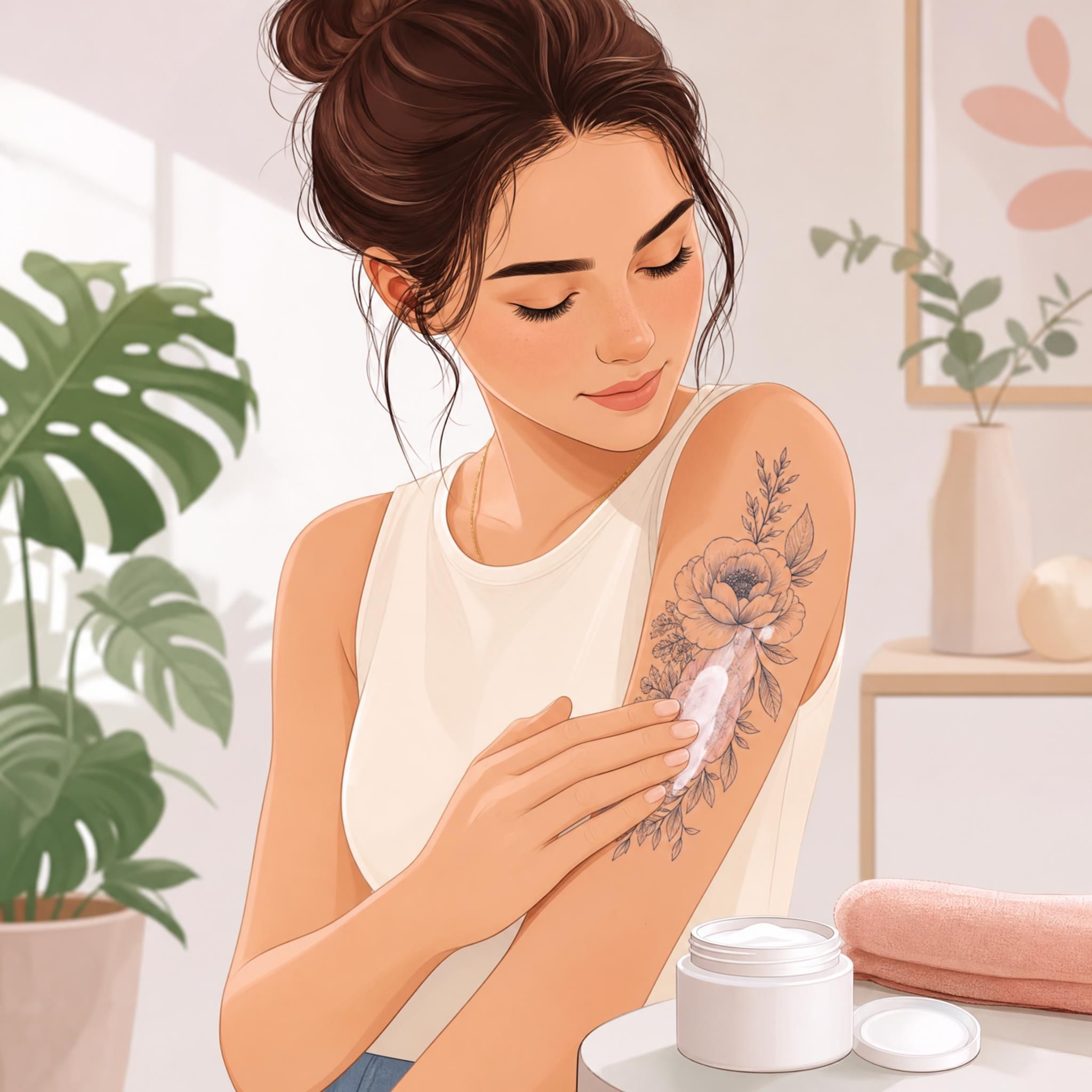 Illustration douce et rassurante d'une personne appliquant une crème hydratante sur un tatouage récent, style illustratif pastel sans texte