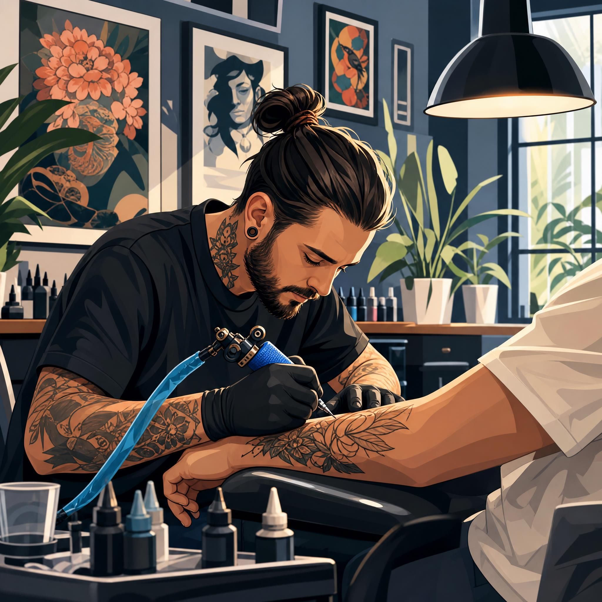 Illustration colorée et illustrative d'un tatoueur au travail dans un studio moderne, style graphique sans texte