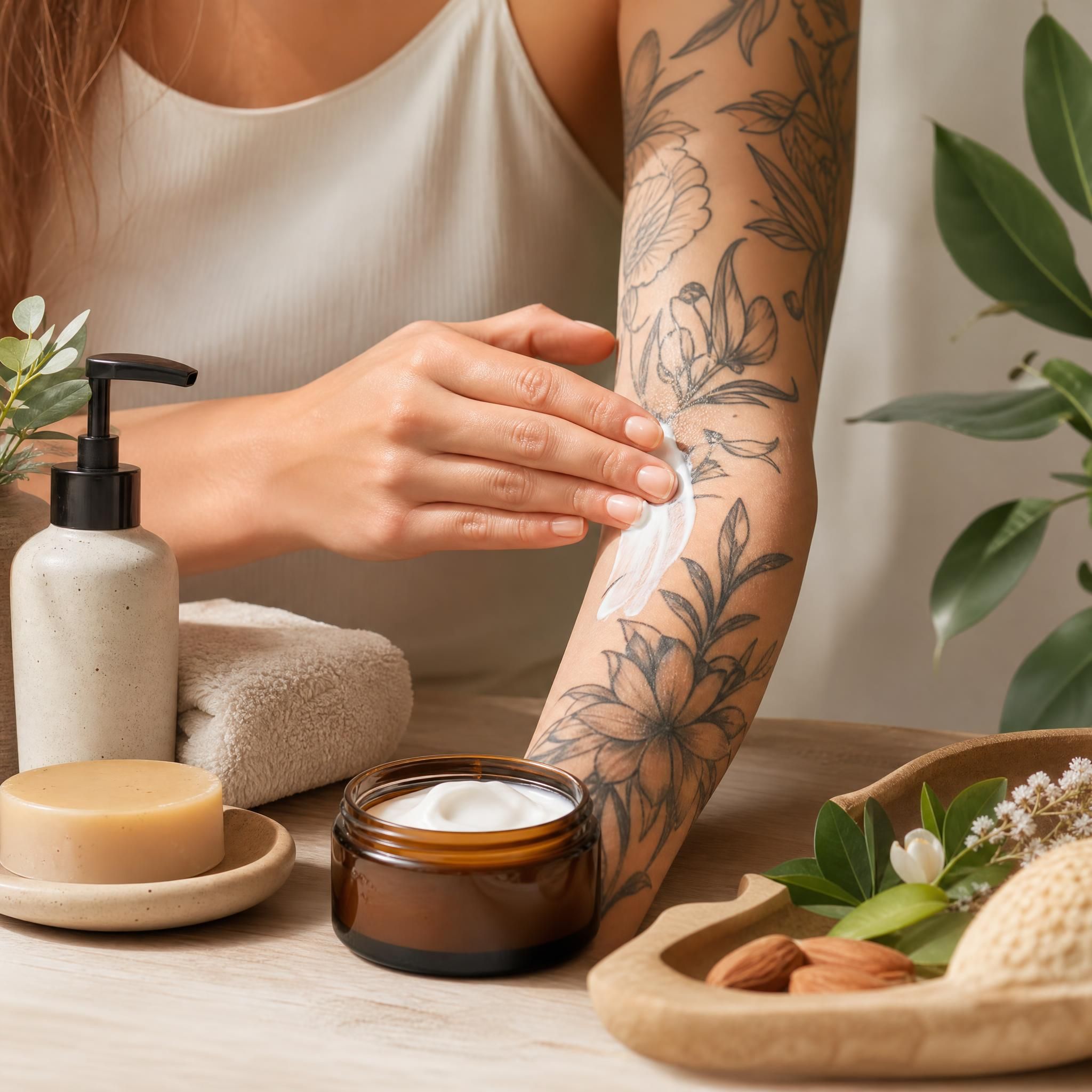 Illustration illustrative et apaisante d'une routine de soin tatouage, produits naturels, savon doux, crème hydratante, ambiance bien-être sans texte