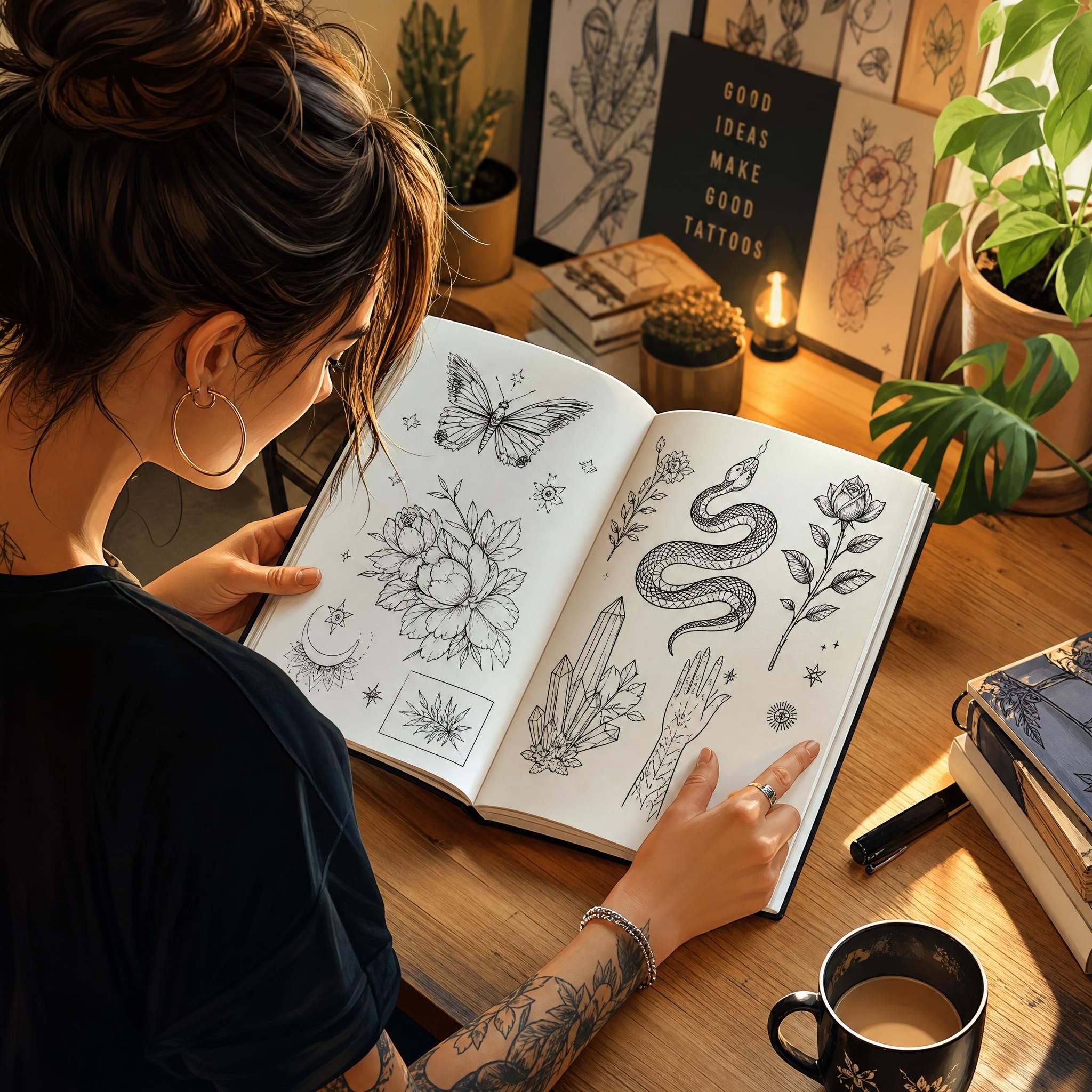 Illustration colorée et chaleureuse d'une personne découvrant des dessins de tatouages dans un carnet de croquis, ambiance inspirante et décontractée