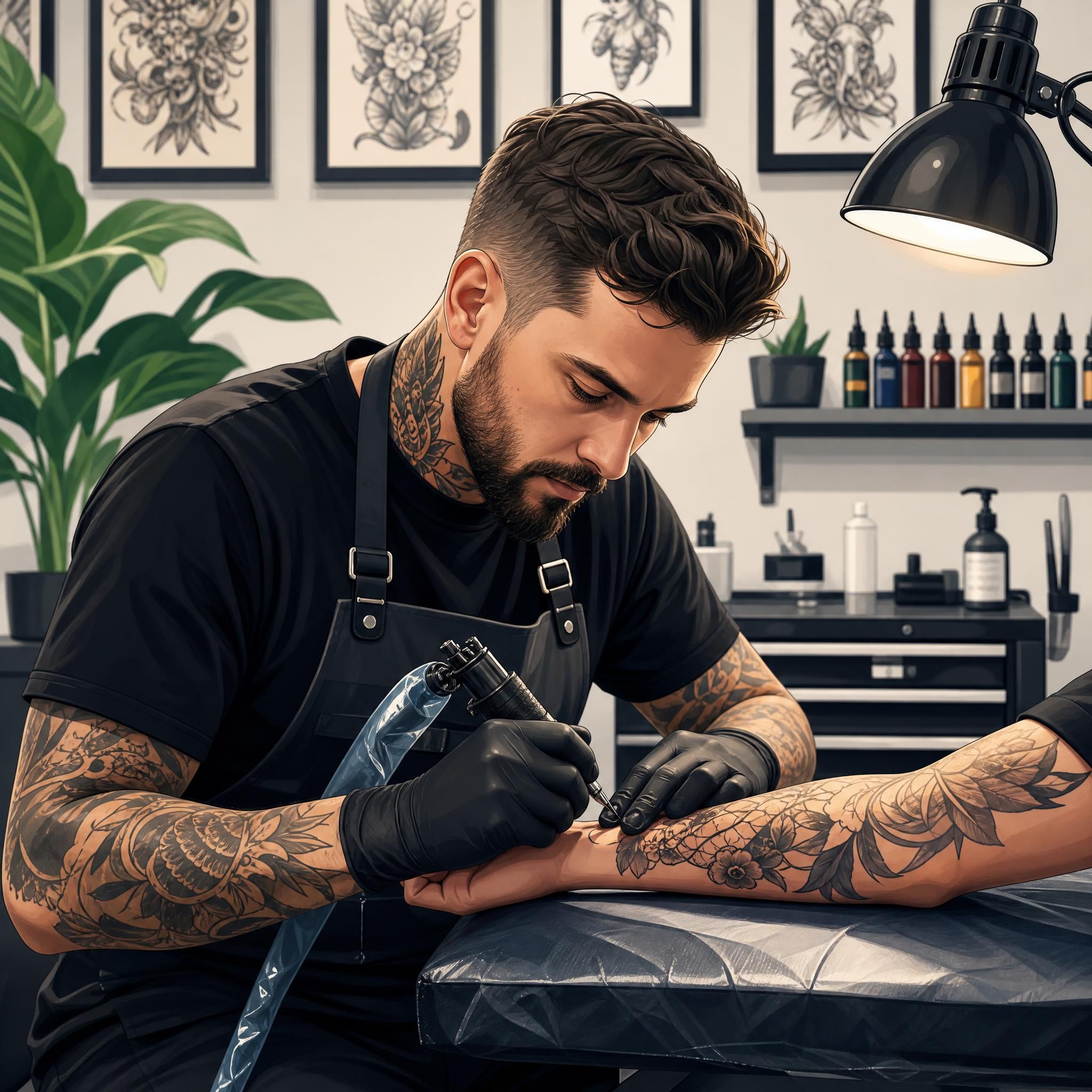 Illustration d'un tatoueur professionnel en train de travailler dans un studio propre et bien équipé, style illustratif sans texte