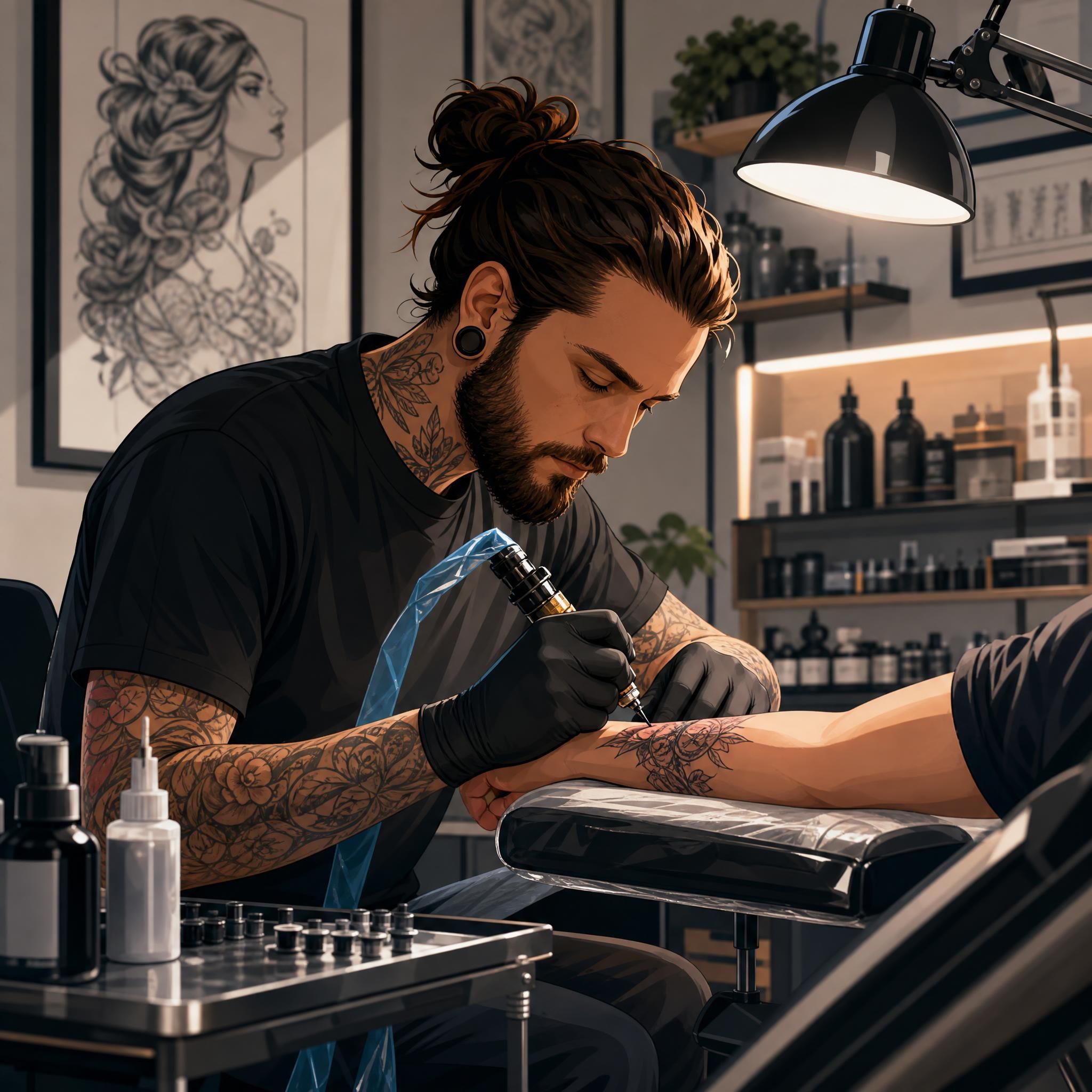 Illustration d'un tatoueur professionnel travaillant dans un studio moderne avec des outils contemporains, style illustratif sans texte