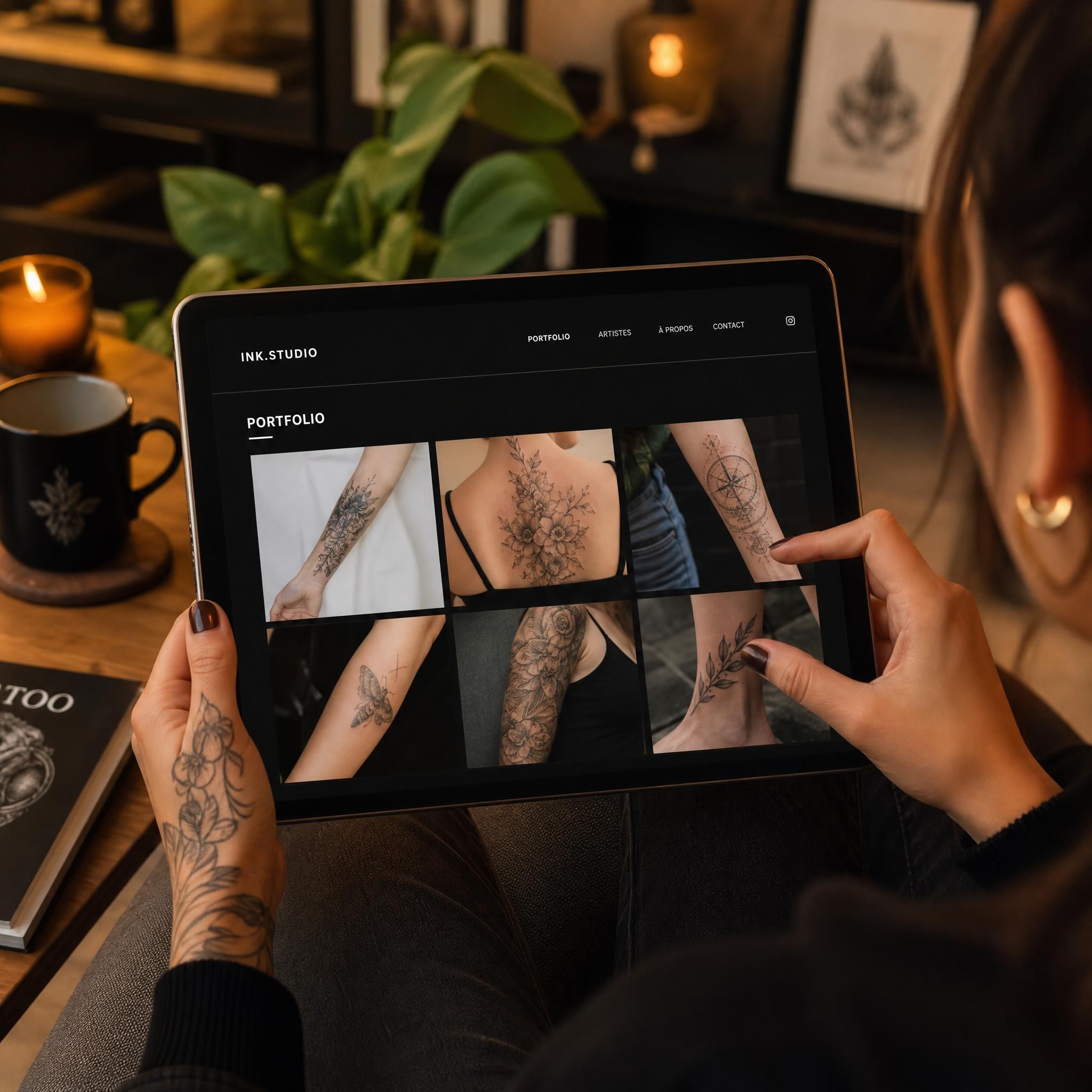 Illustration illustrative d'une personne parcourant un portfolio de tatouages sur une tablette, ambiance chaleureuse et moderne