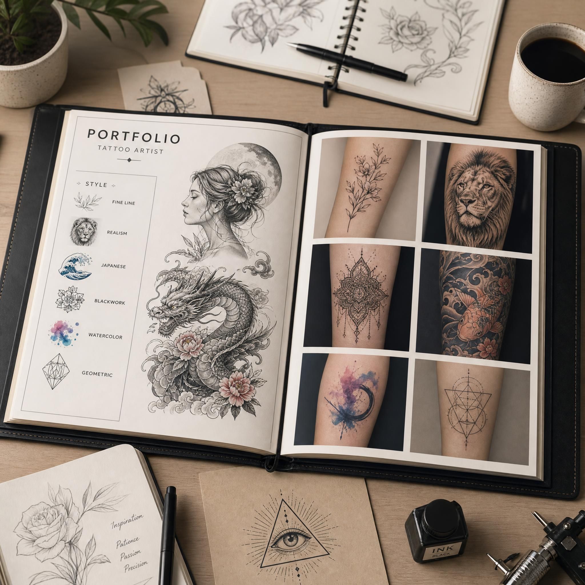 Illustration d'un portfolio de tatoueur ouvert avec différents styles artistiques, carnet de croquis et exemples de tatouages, style illustratif doux
