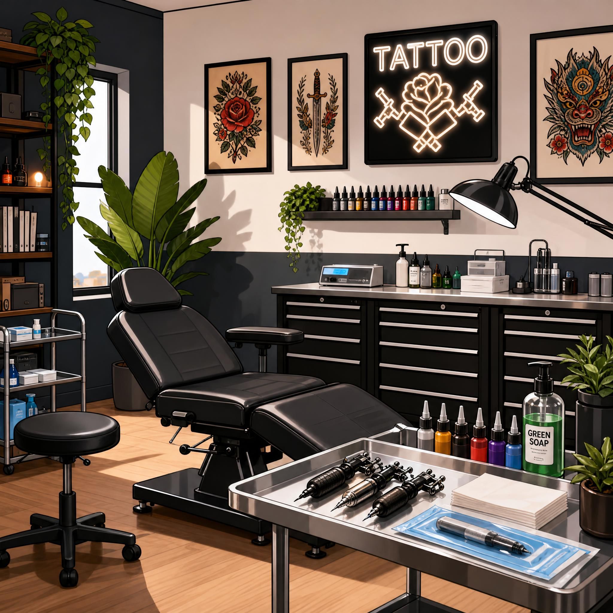 Illustration illustrative d'un salon de tatouage propre et bien équipé avec matériel stérile, style graphique coloré