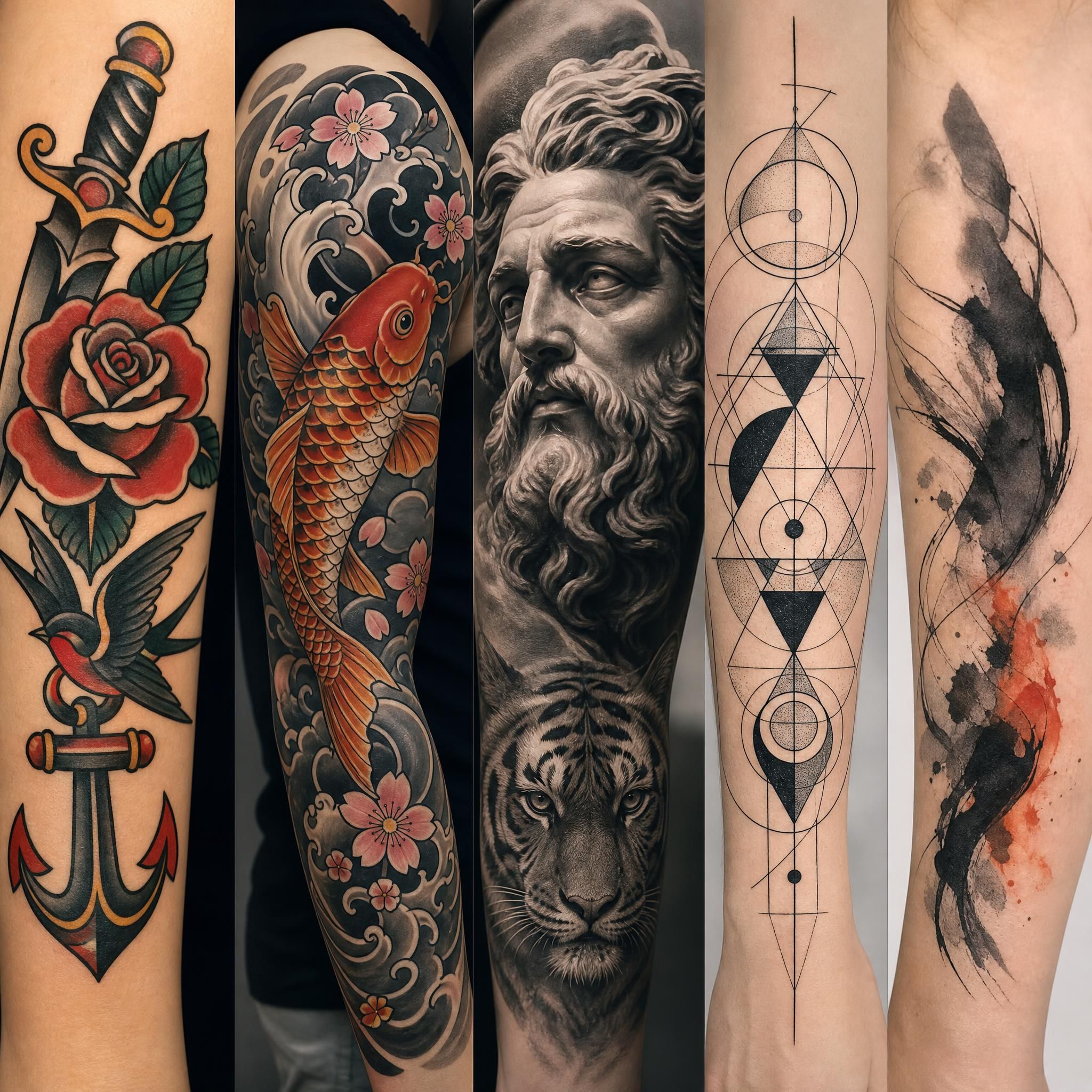 Illustration artistique présentant différents styles de tatouage côte à côte, old school, japonais, réaliste, géométrique, sans texte