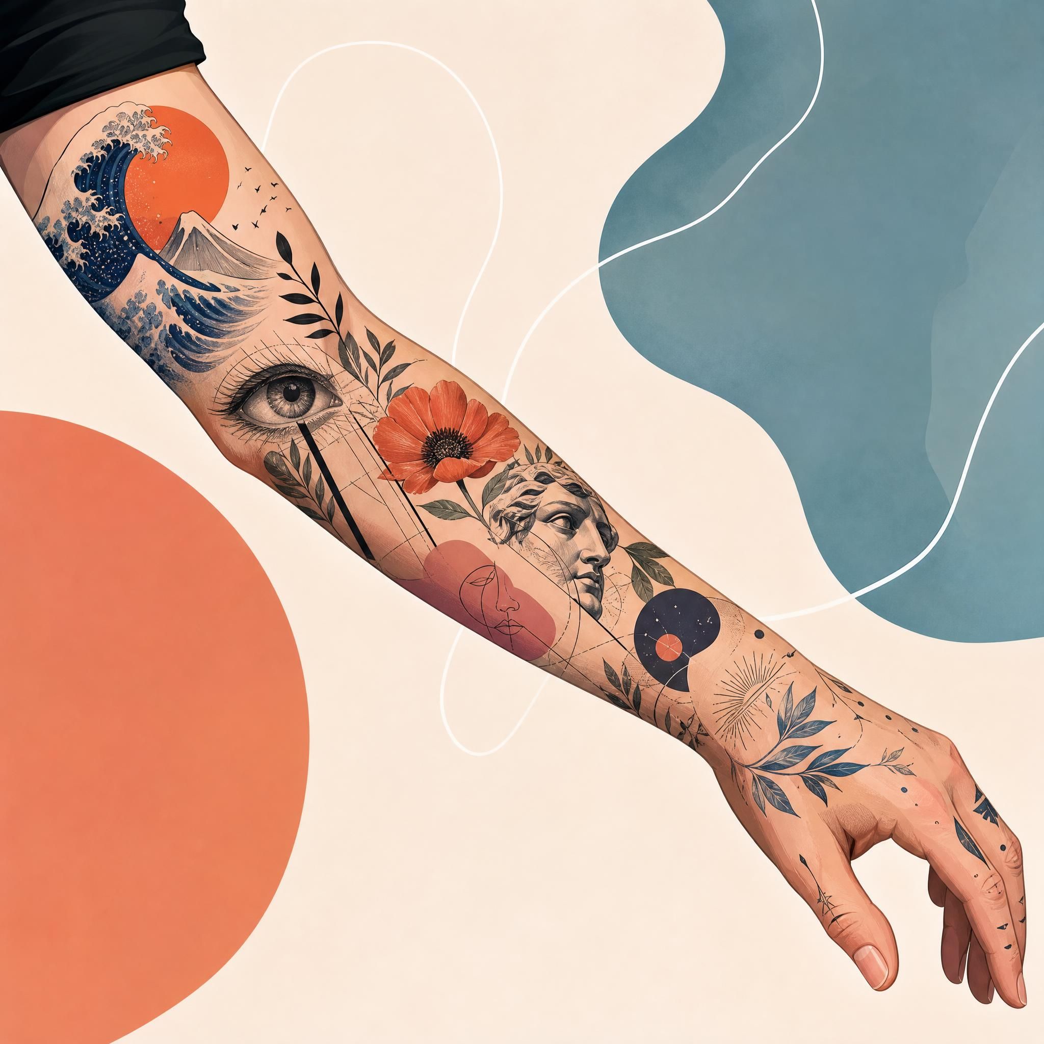 Illustration colorée et illustrative d'un bras tatoué avec différents styles de tatouage tendance 2026, sans texte, style graphique moderne