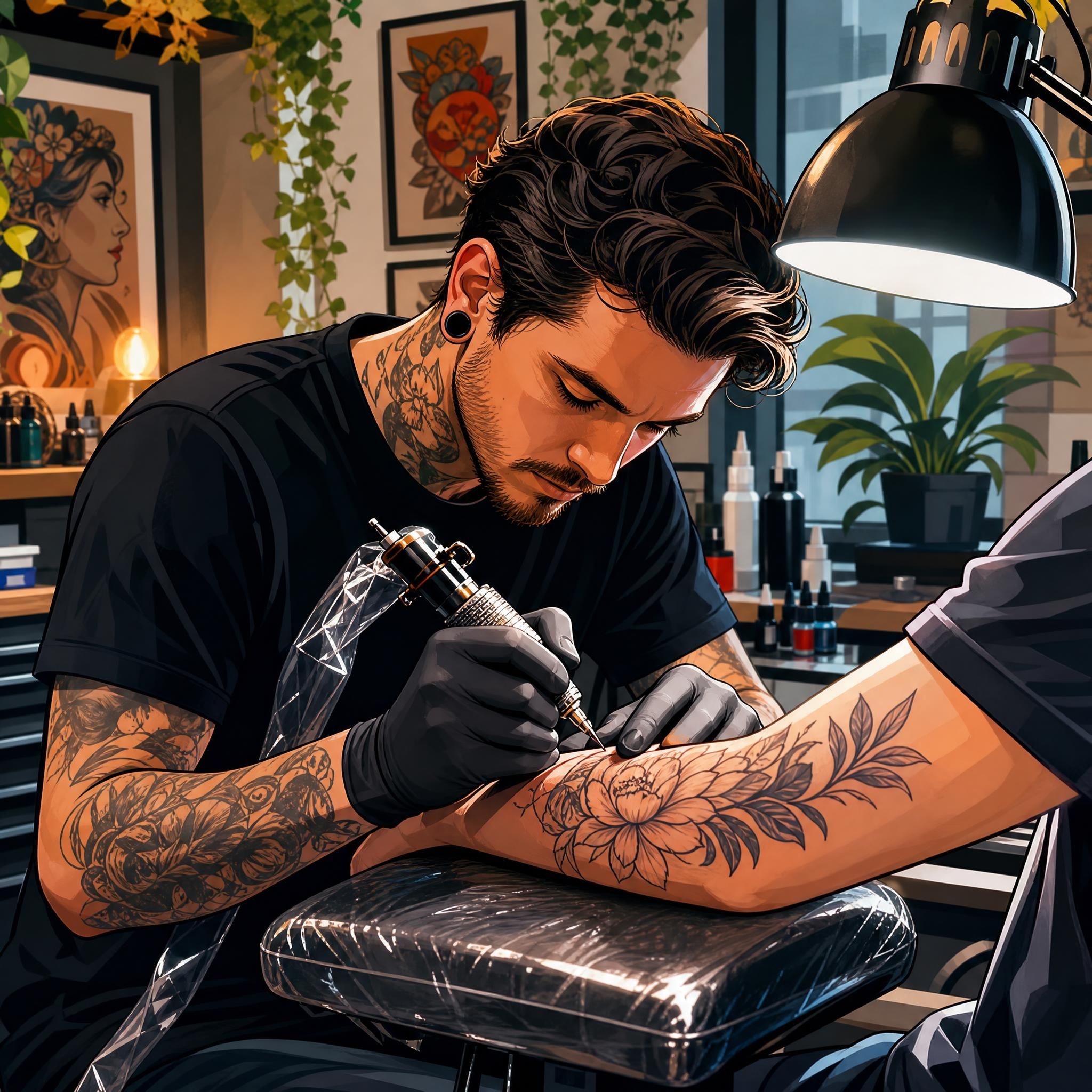 Illustration artistique d'un tatoueur professionnel au travail, style illustratif coloré sans texte, ambiance studio moderne et créative