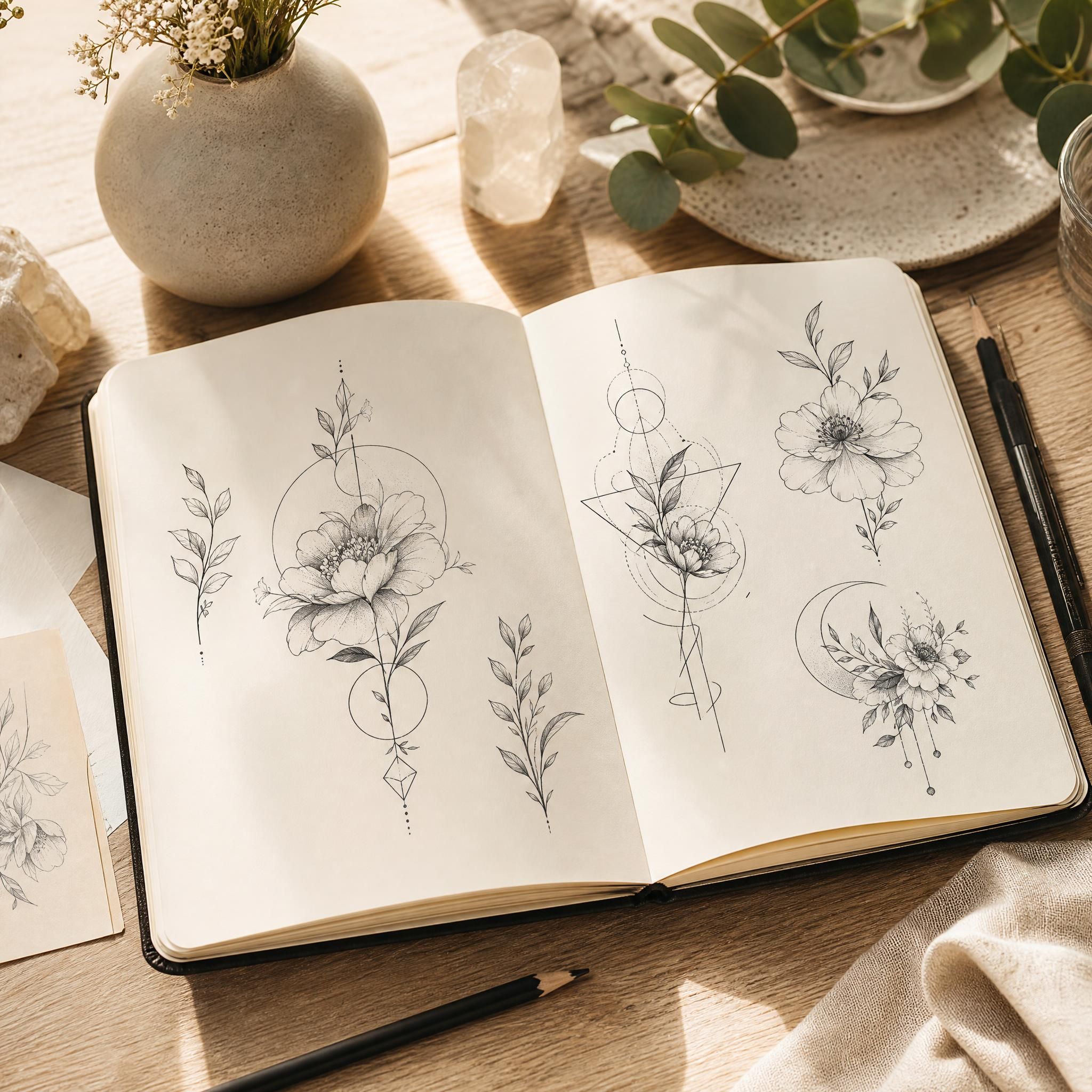 Illustration douce et illustrative d'un carnet de croquis ouvert avec des designs de tatouages floraux et géométriques, ambiance créative et inspirante, sans texte