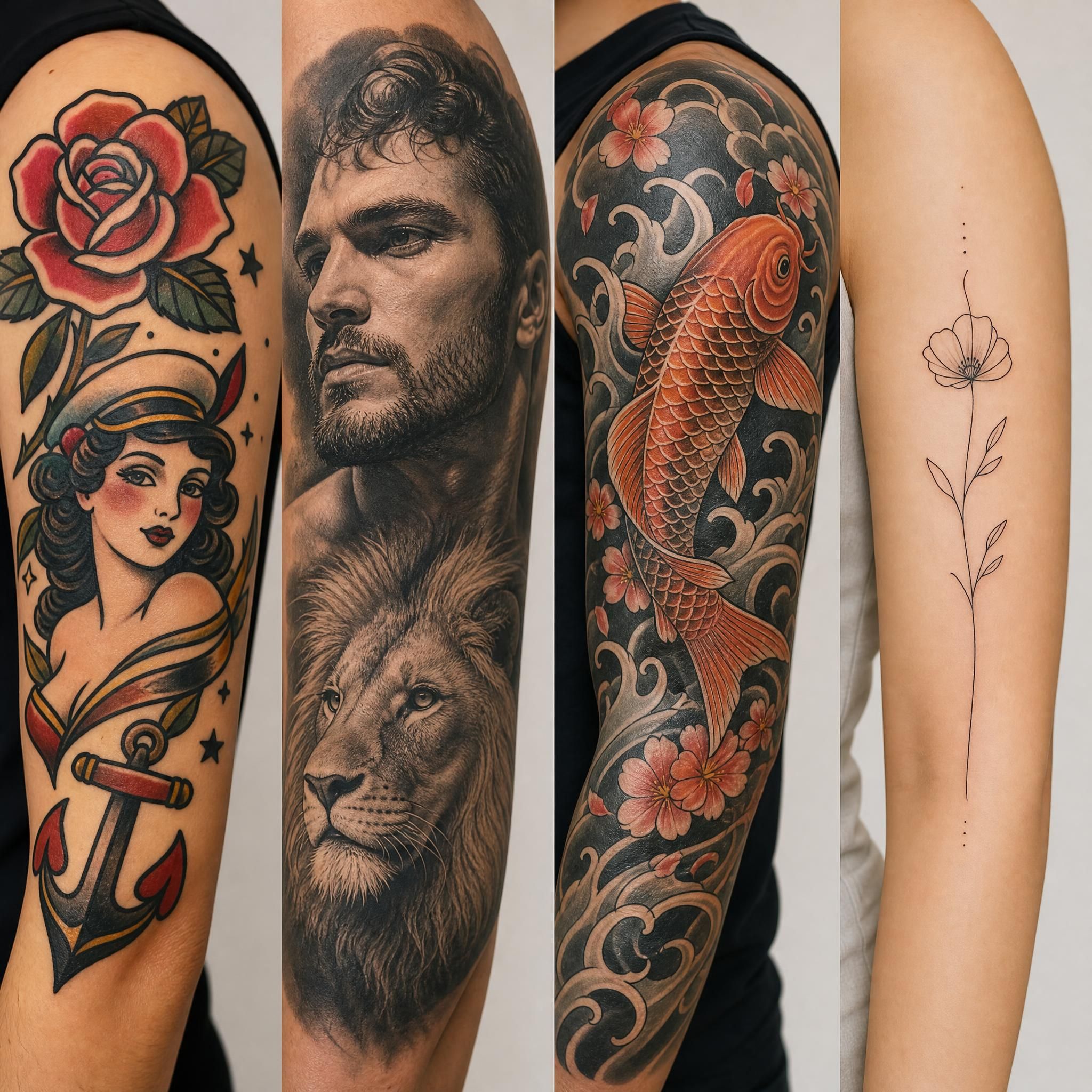 Illustration colorée montrant différents styles de tatouage côte à côte – old school, réalisme, japonais, minimaliste – sur un fond neutre sans texte