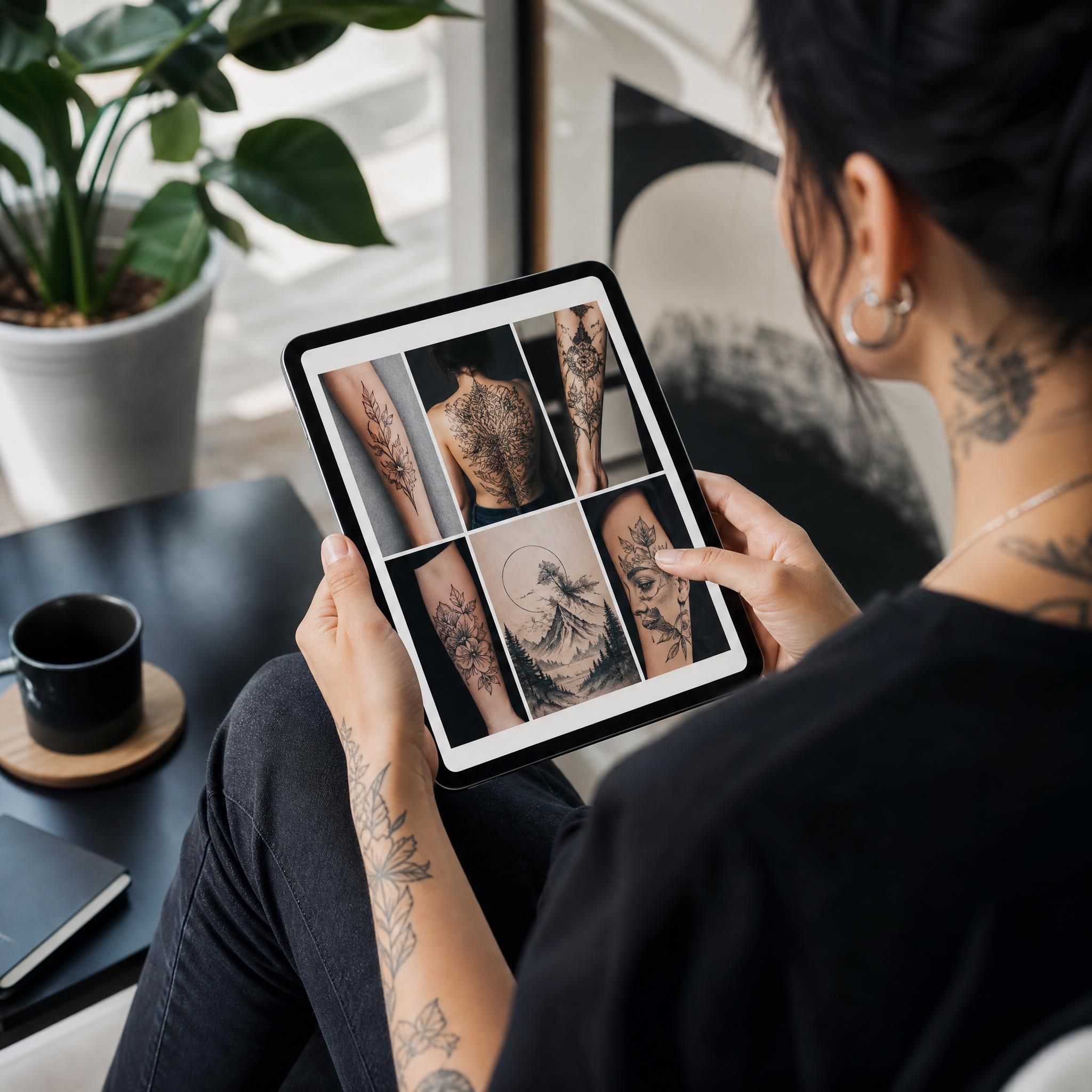 Illustration illustrative d'une personne parcourant un portfolio de tatouages sur une tablette, ambiance moderne et détendue, style graphique sans texte