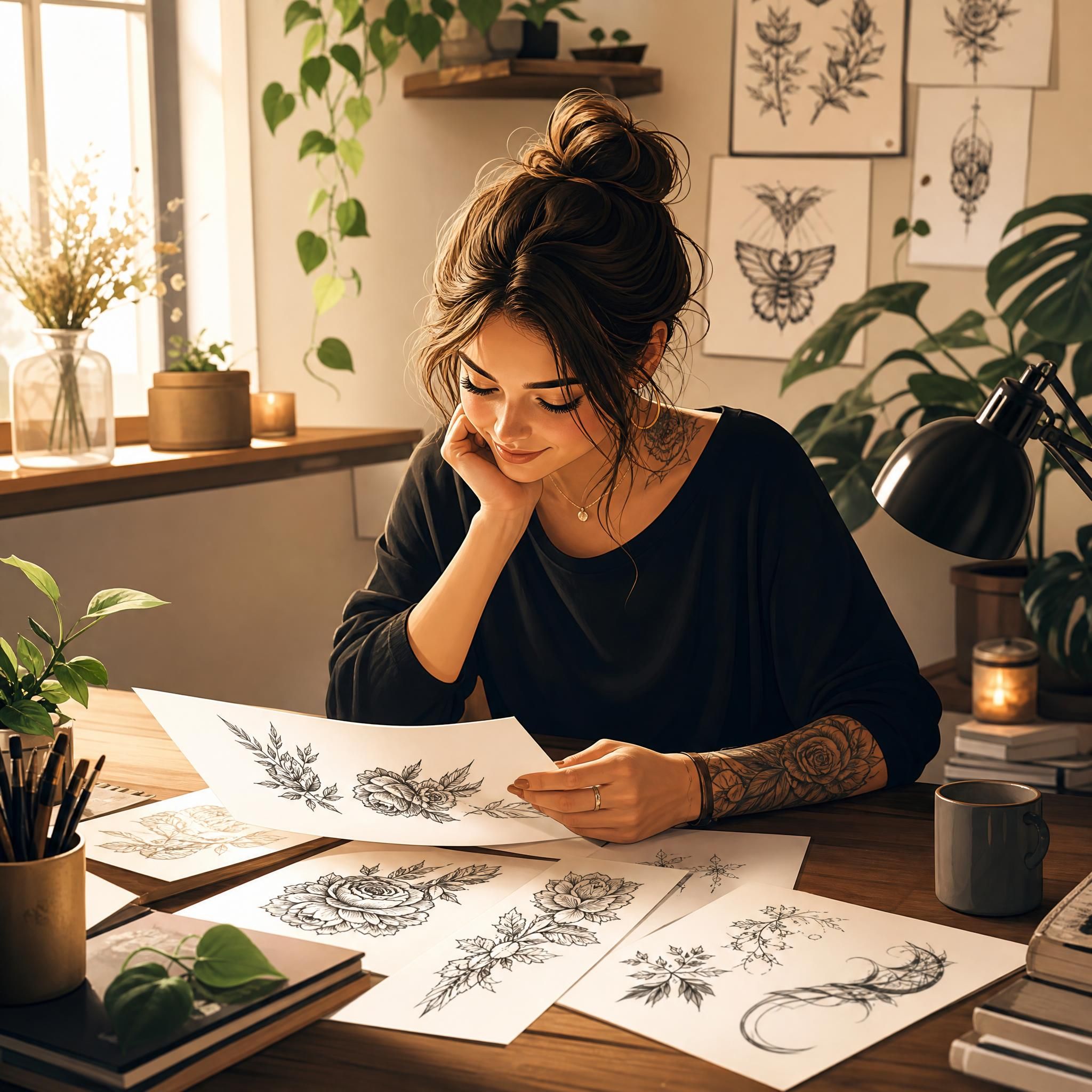Illustration douce et bienveillante représentant une femme qui admire des designs de tatouage sur papier, ambiance chaleureuse et inspirante, style illustratif sans texte