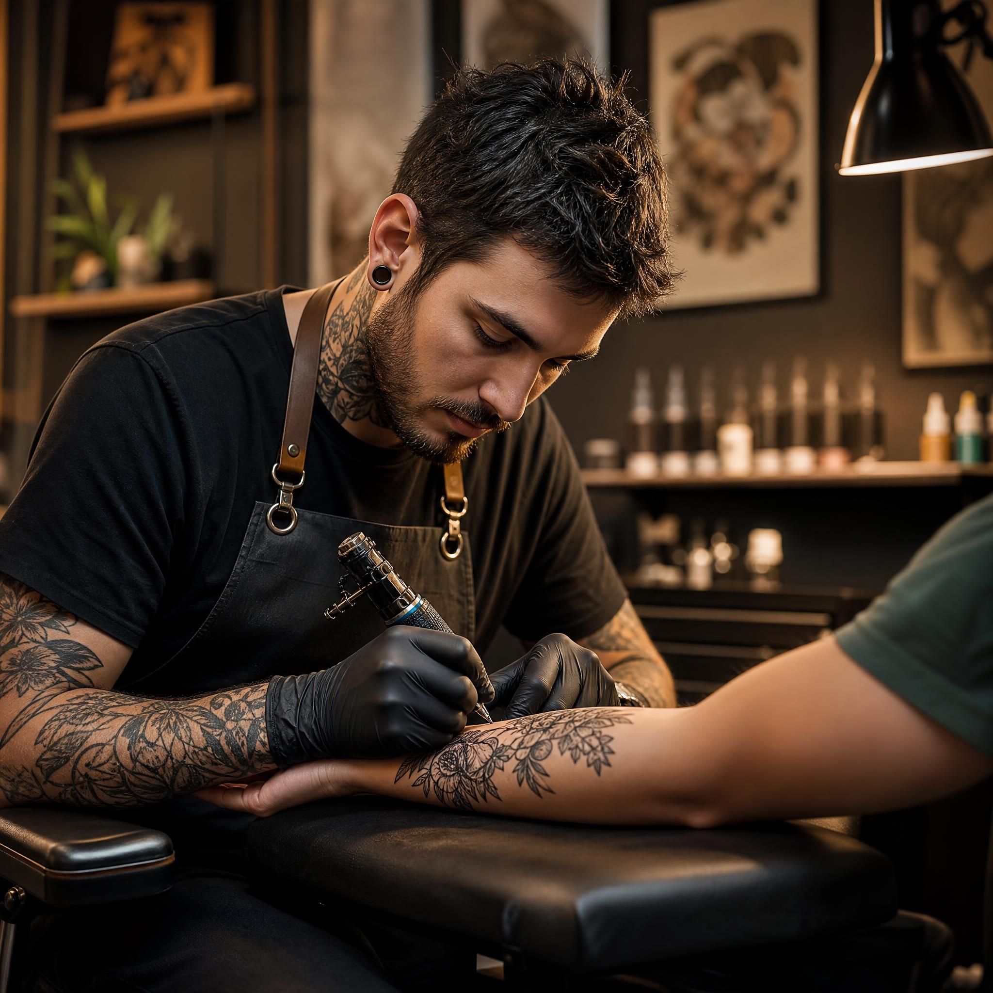 Illustration illustrative d'un tatoueur en train de travailler sur un avant-bras, ambiance studio chaleureux, style artistique sans texte