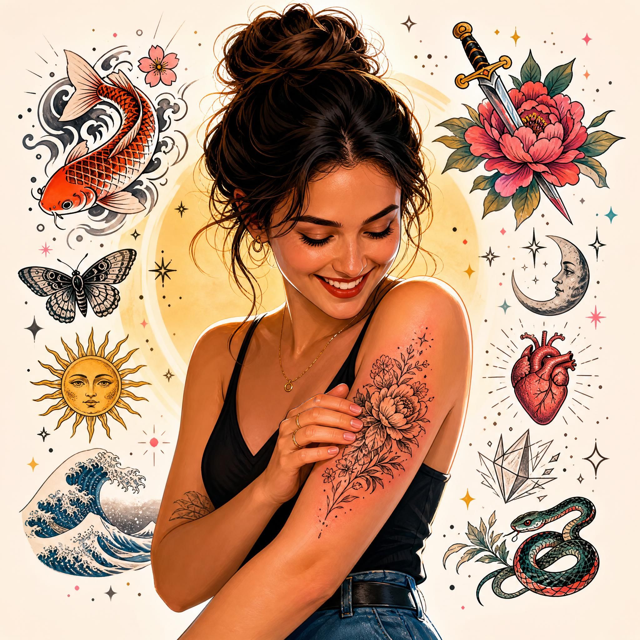 Illustration illustrative d'une personne heureuse regardant son nouveau tatouage fraîchement réalisé, entourée d'un halo de motifs de styles variés, ambiance positive et colorée