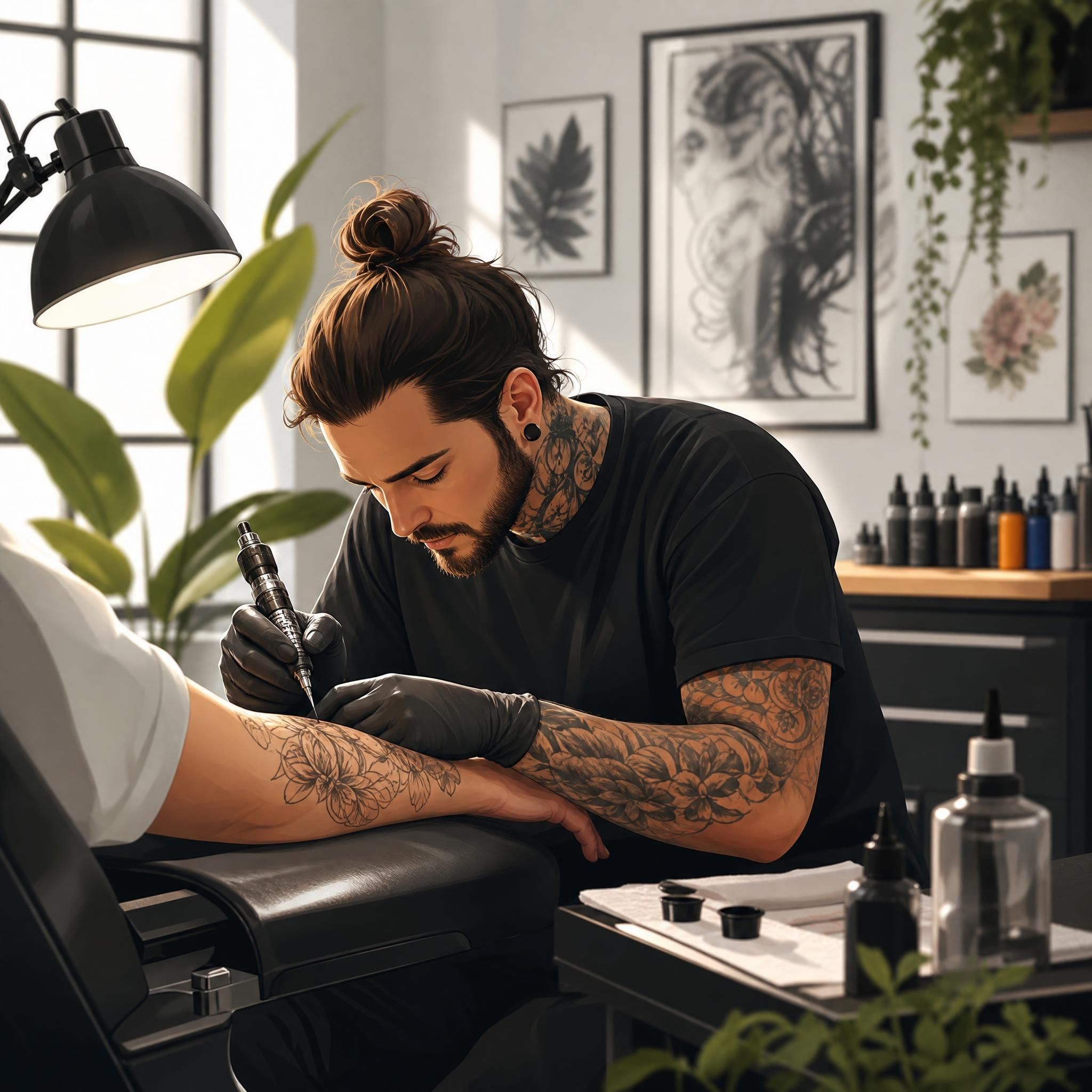 Illustration d'un tatoueur professionnel travaillant dans un studio propre et moderne, style illustratif doux et inspirant sans texte