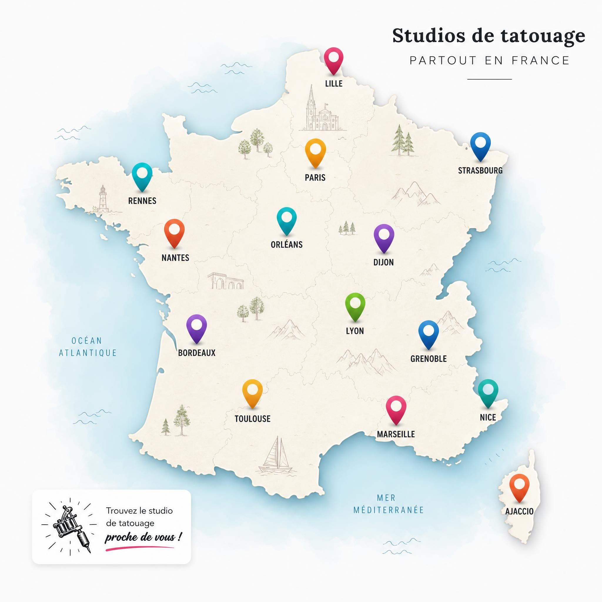 Illustration illustrative d'une carte de France avec des épingles colorées représentant des studios de tatouage dans différentes villes
