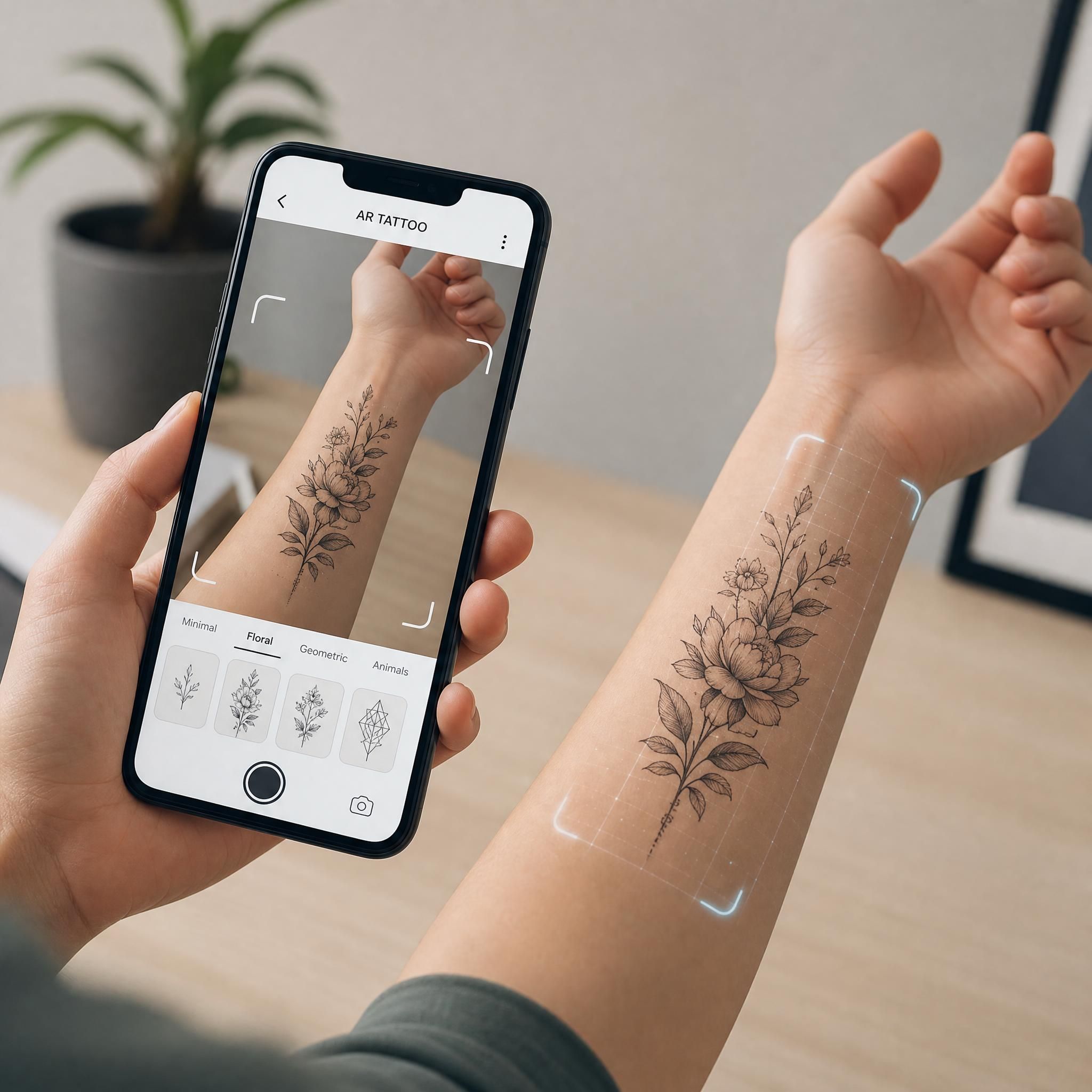 Illustration illustrative d'une main tenant un smartphone avec une projection de tatouage en réalité augmentée sur un avant-bras