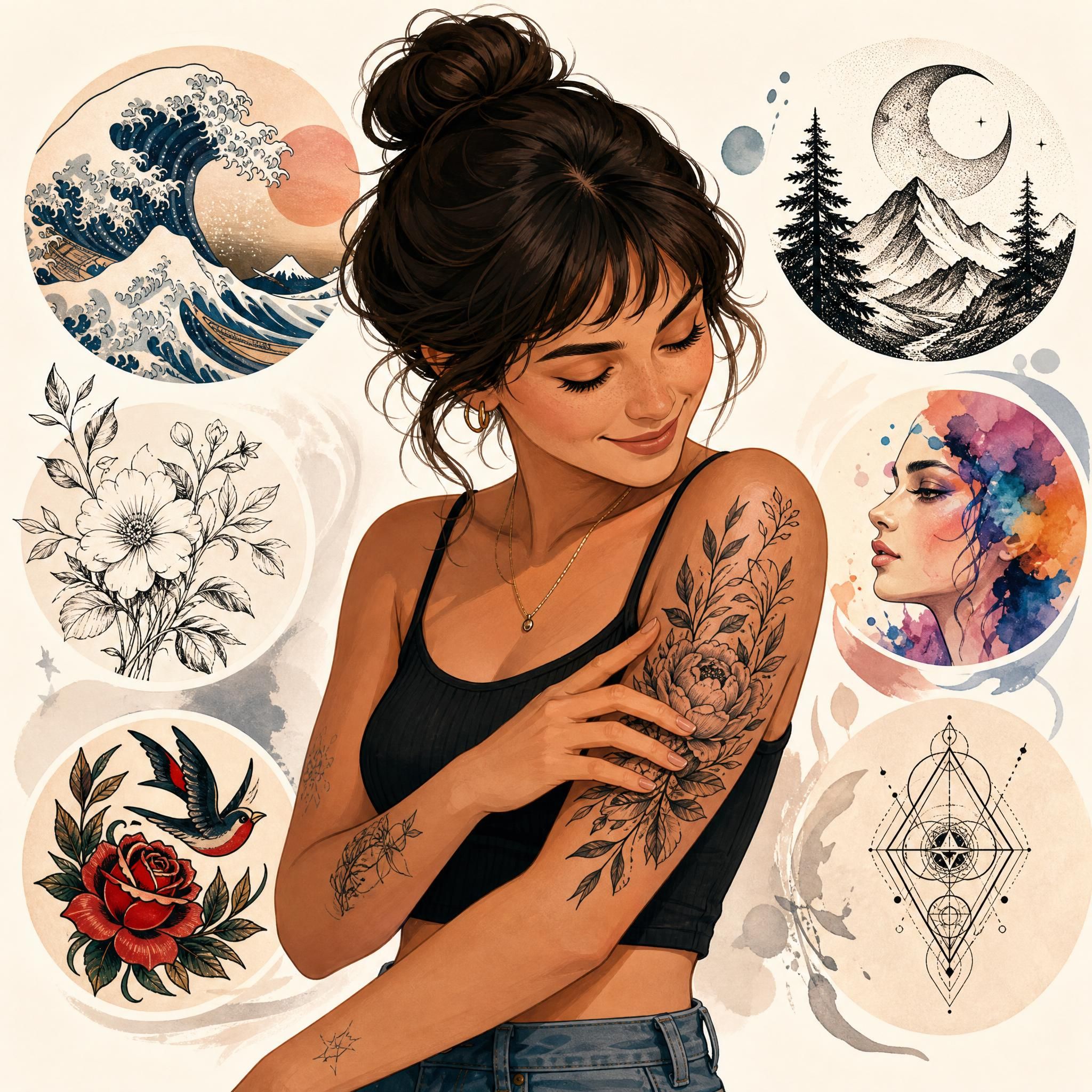 Illustration d'une personne heureuse regardant son nouveau tatouage avec satisfaction, entourée d'éléments évoquant différents styles artistiques, style illustratif sans texte