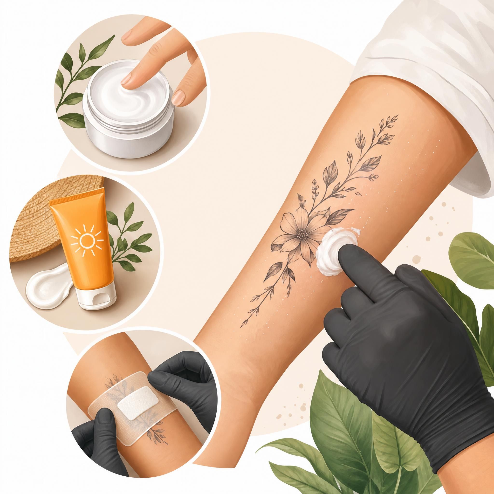 Illustration illustrant les soins d'un tatouage frais — crème hydratante, protection solaire, bandage — style doux et illustratif sans texte
