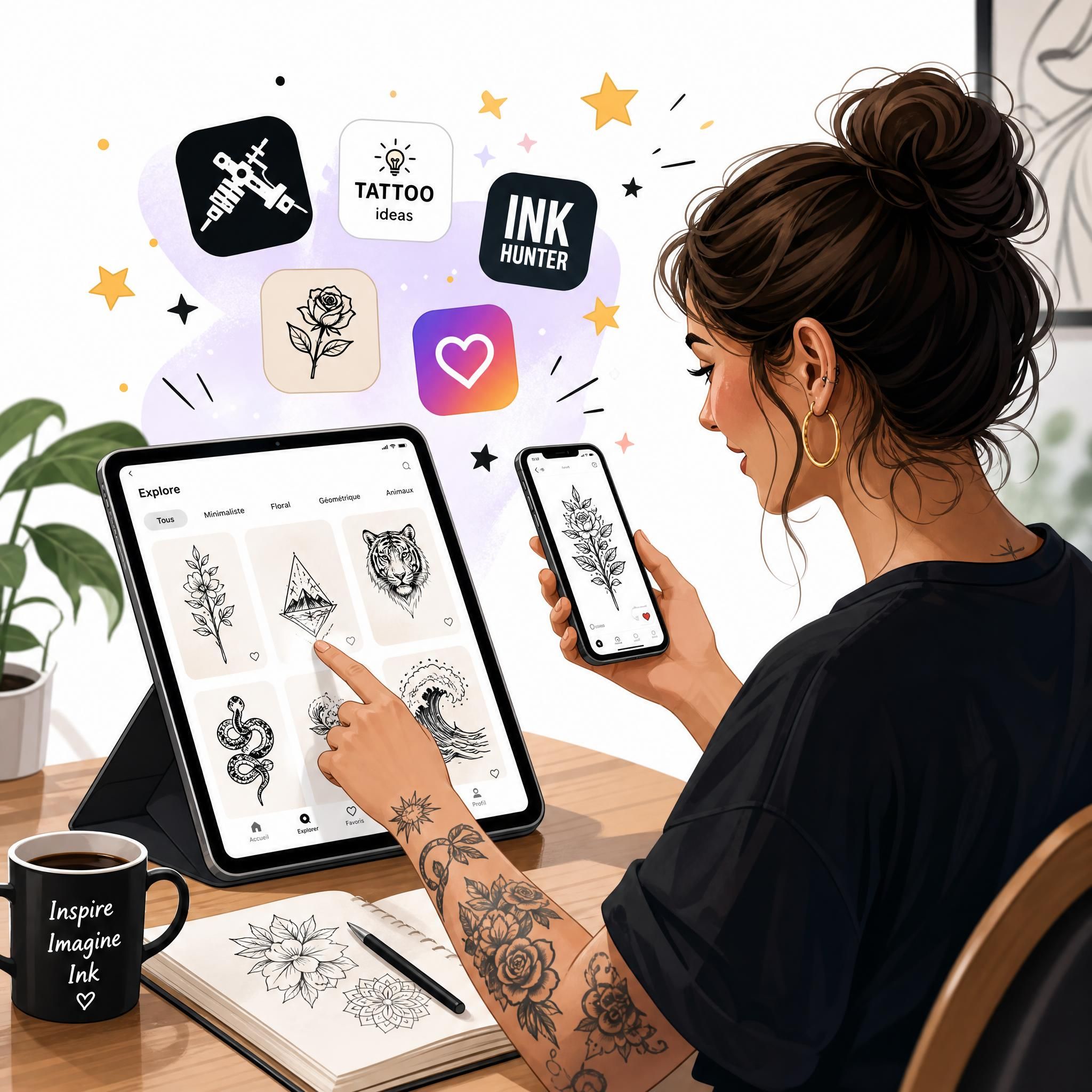 Illustration colorée et illustrative d'une personne utilisant une tablette et un smartphone pour explorer des designs de tatouage, entourée d'icônes d'applications et d'étoiles